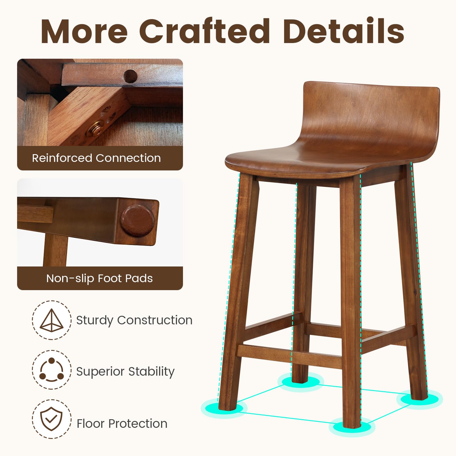 Solid Wood Bar Stools Set of 2/4, Counter Height Chairs with Low Back and Footrest