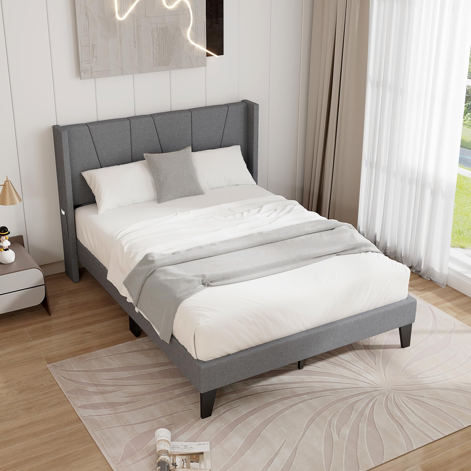 Upholstered Bed Frame with Wingback Headboard