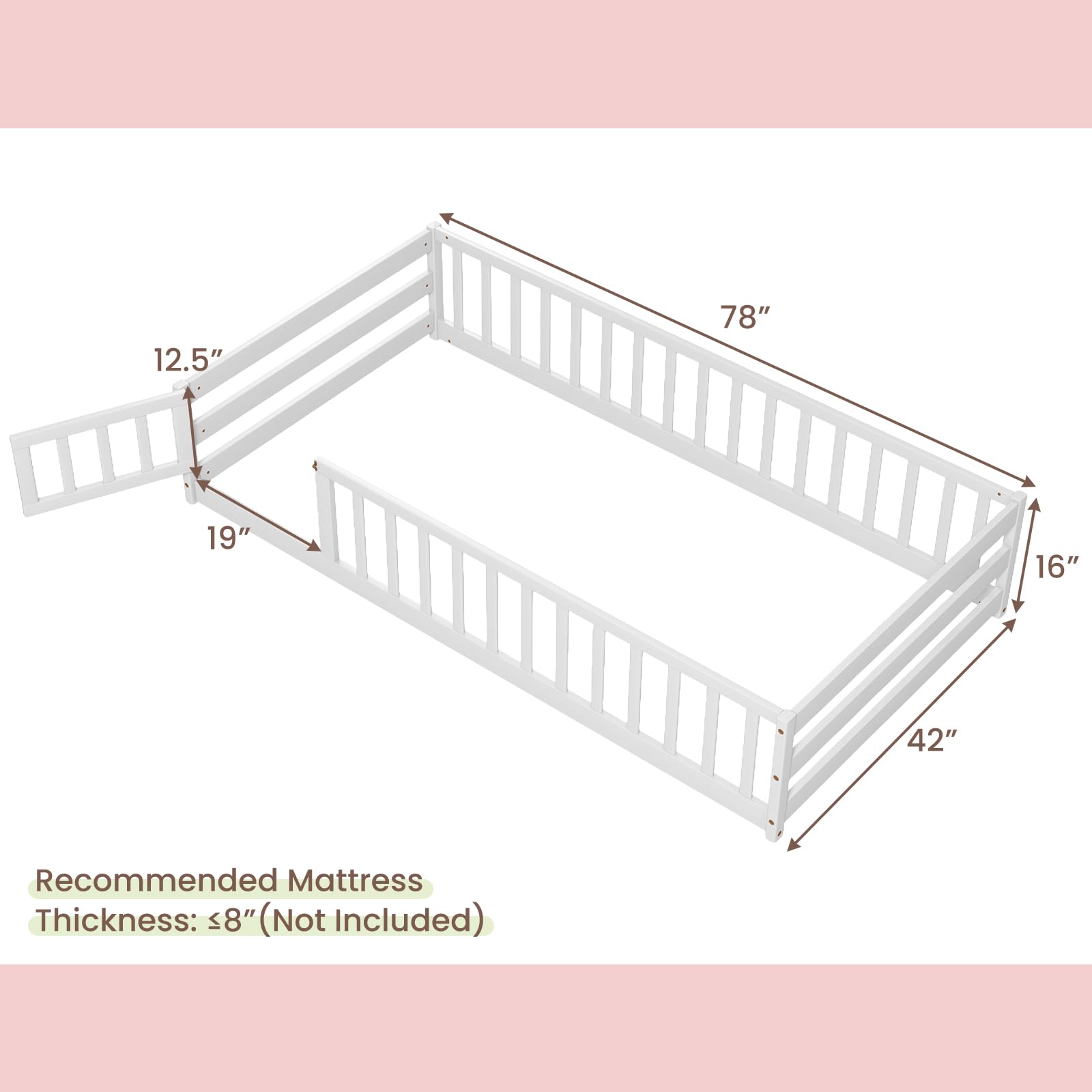 Twin Floor Bed with Door & Fence, Kids Wood Montessori Bed with Safety Guardrails