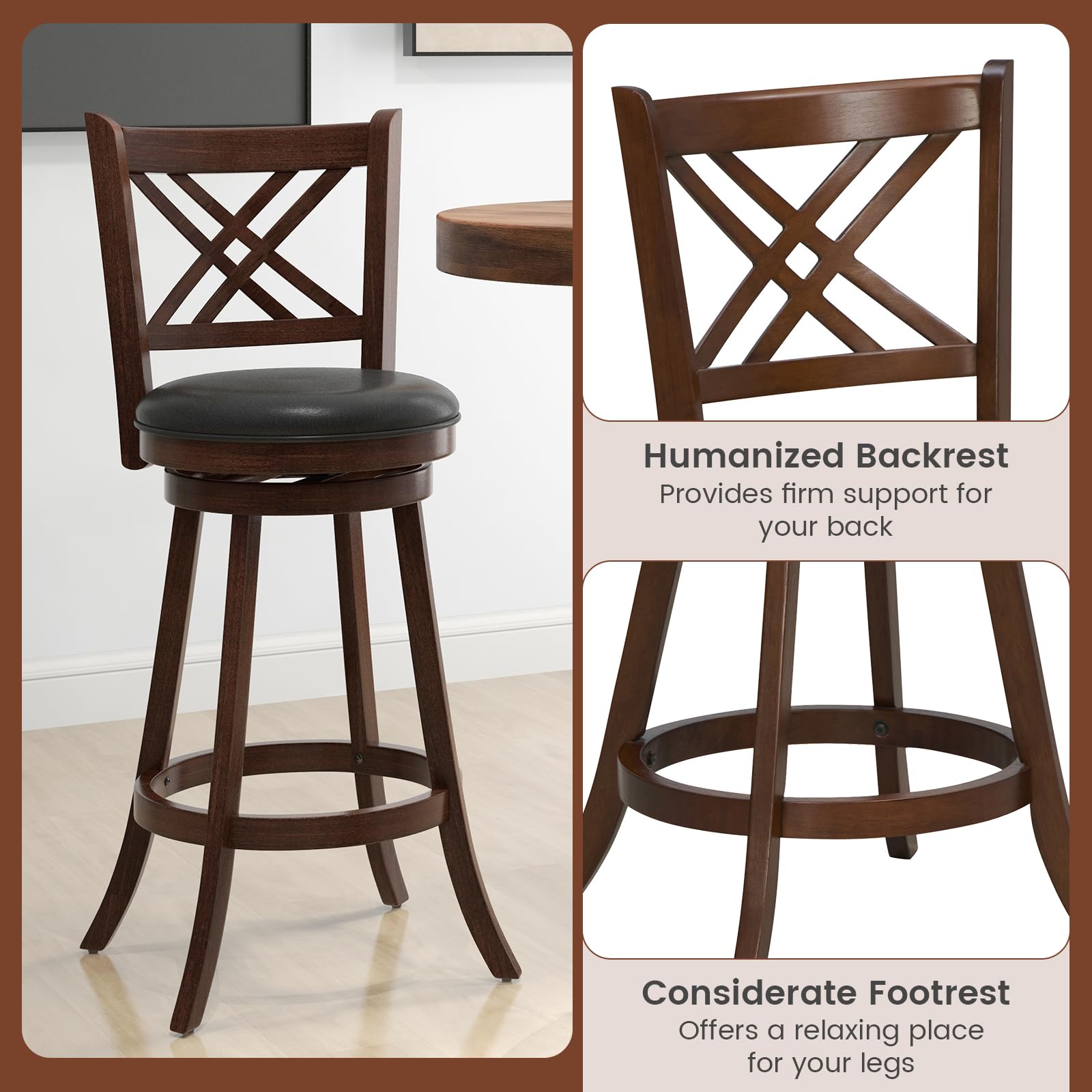 360&deg; Swivel Barstools Set of 2/4, 29" Bar Height Bar Chairs with Back & Footrest