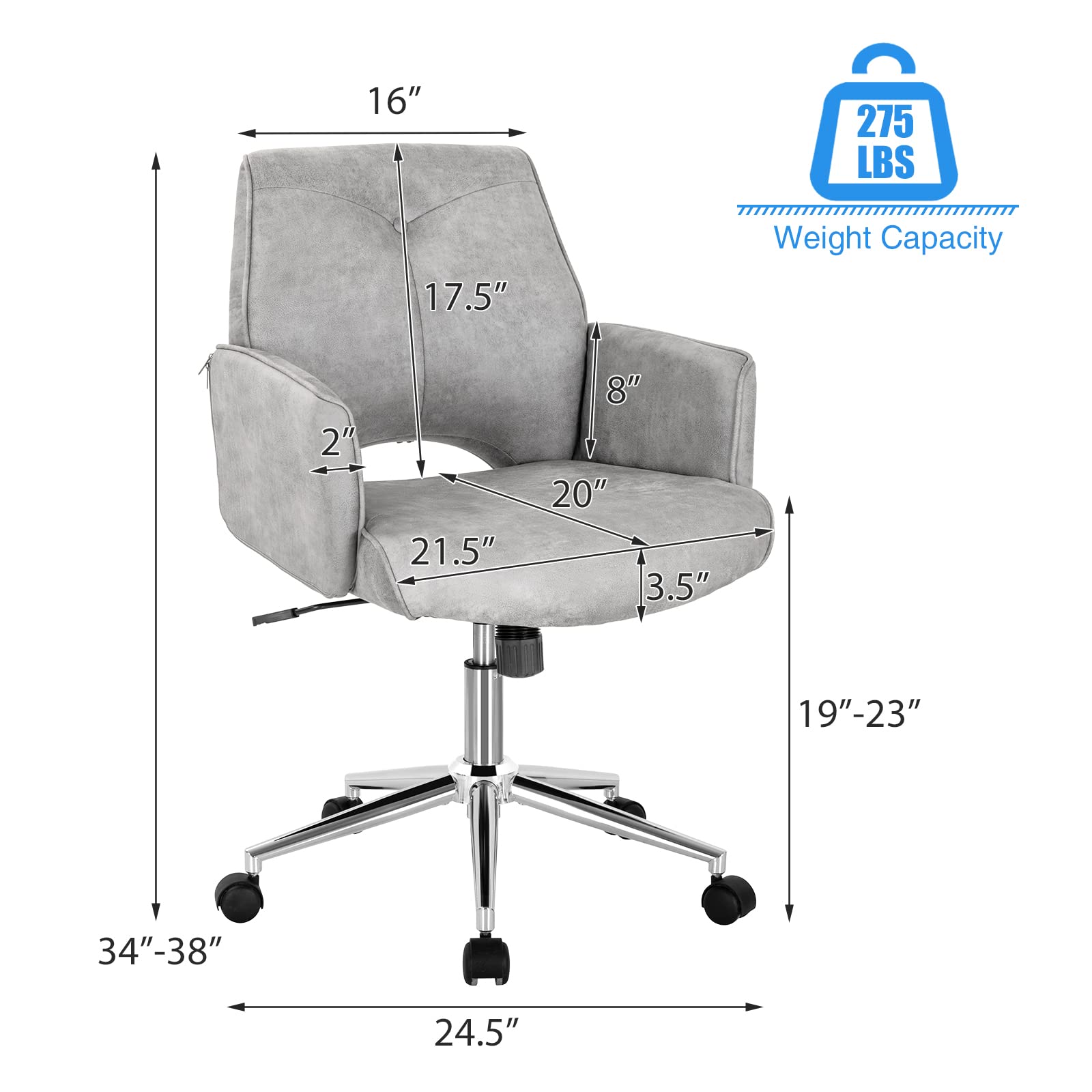 Home Office Desk Chair, Faux Leather Desk Chair with Wheels and Armrests, Height Adjustable