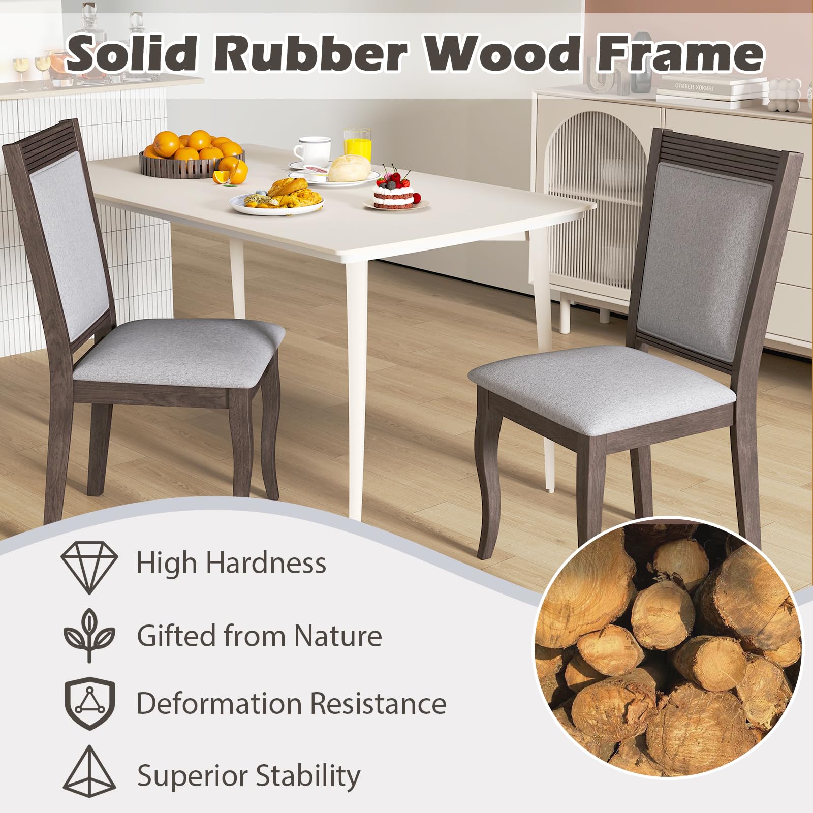 Wood Dining Chairs Set of 2/4, Farmhouse Upholstered Kitchen Chairs w/Rubber Wood Frame, Padded Seat, High Backrest