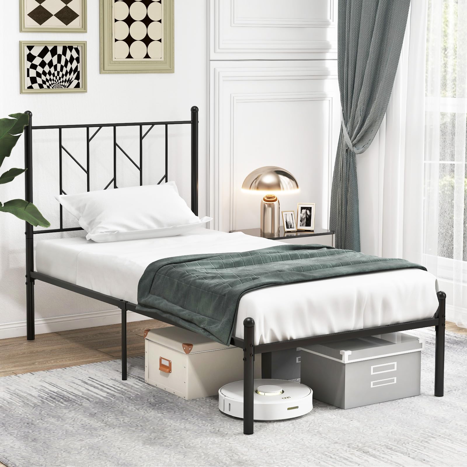 Metal Bed Frame with Victorian Style Headboard, 14 Metal Slats Support