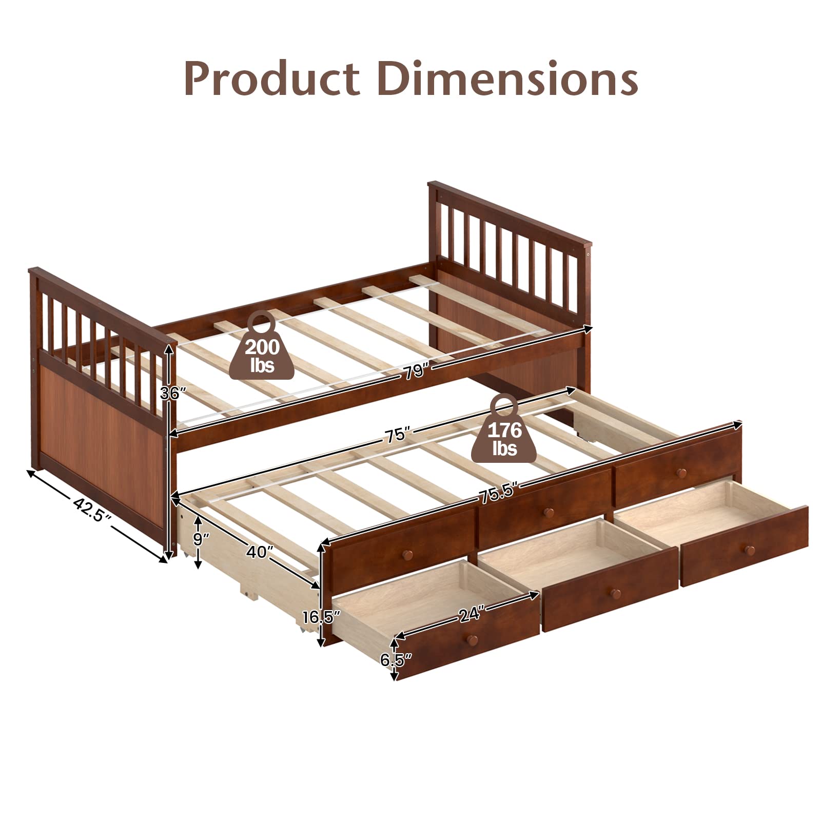 Twin Size Wooden Captain Daybed with Trundle and 3 Storage Drawers