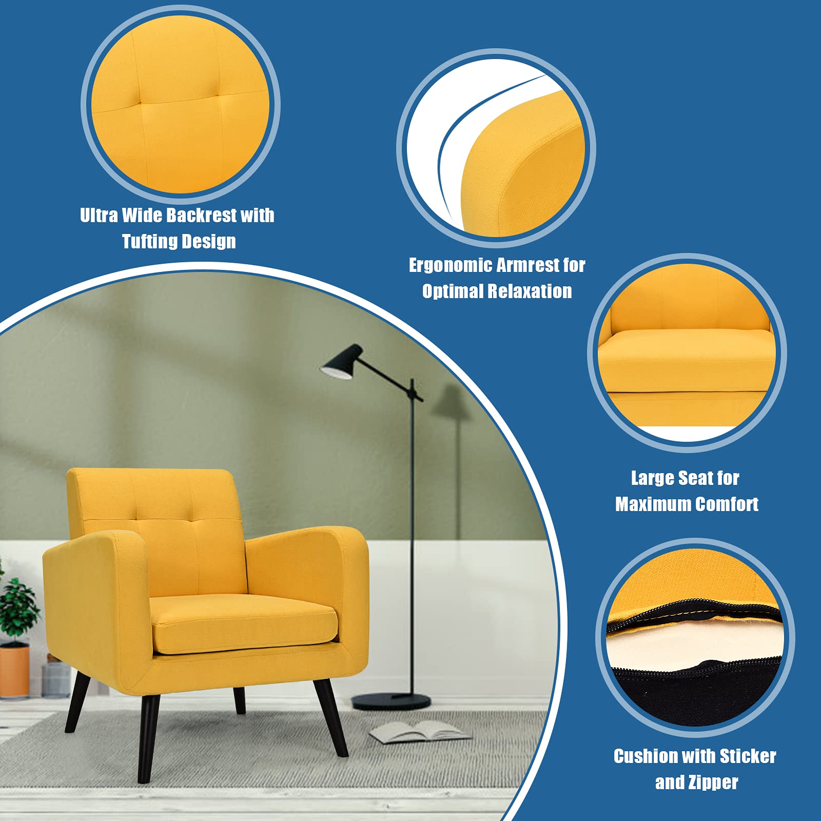 Modern Upholstered Accent Chair w/ Rubber Wood Legs | Linen Fabric Single Sofa