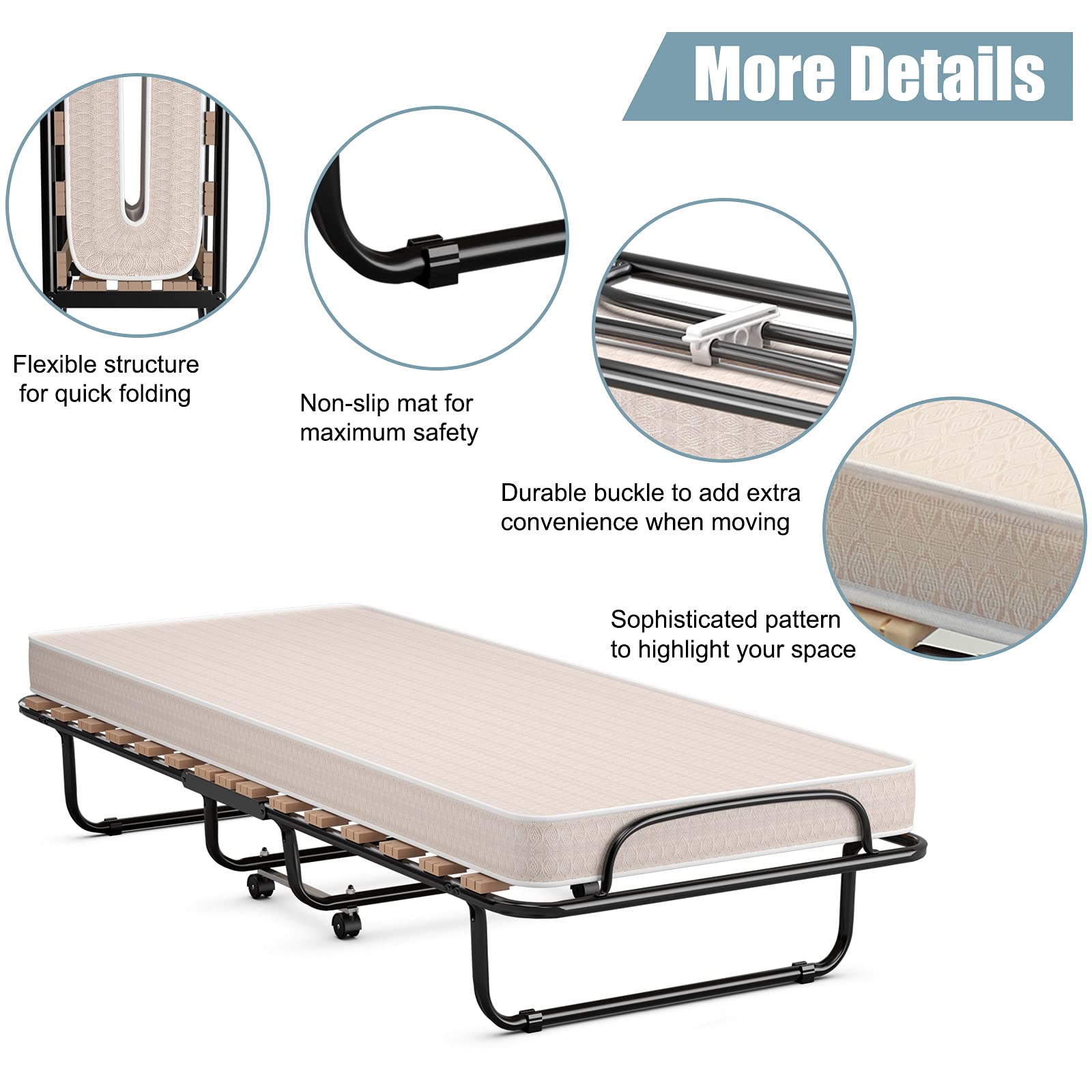 Portable Folding Rollaway Bed with Steel Frame & Memory Foam Mattress