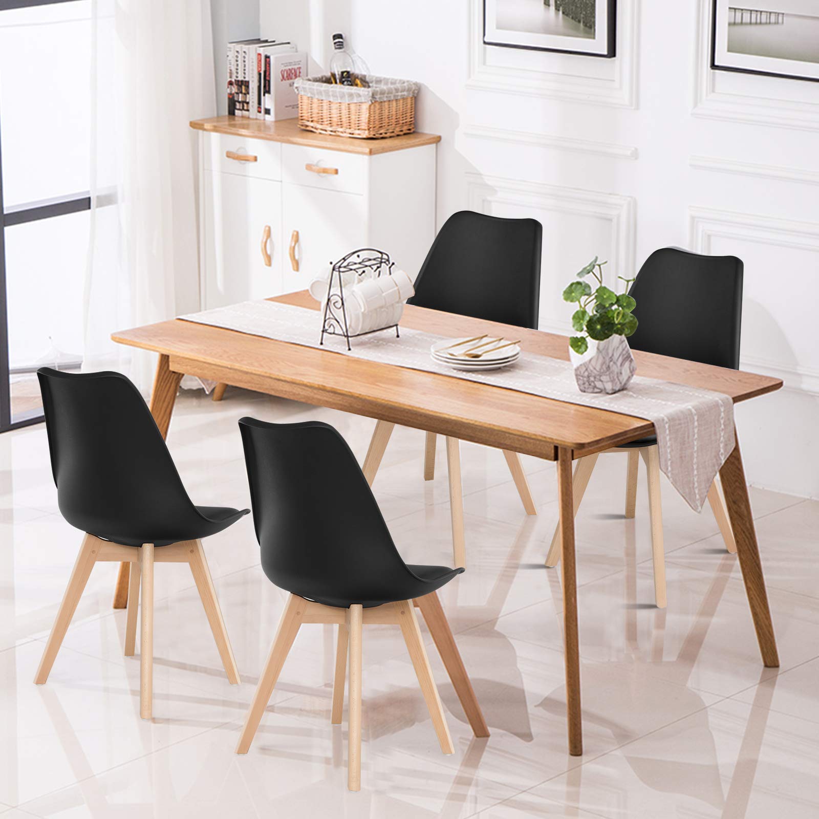 Set of 4 Modern High Backrest Dining Chairs, Elegant Mid Century Side Chairs w/Padded Seat, Solid Wood Legs
