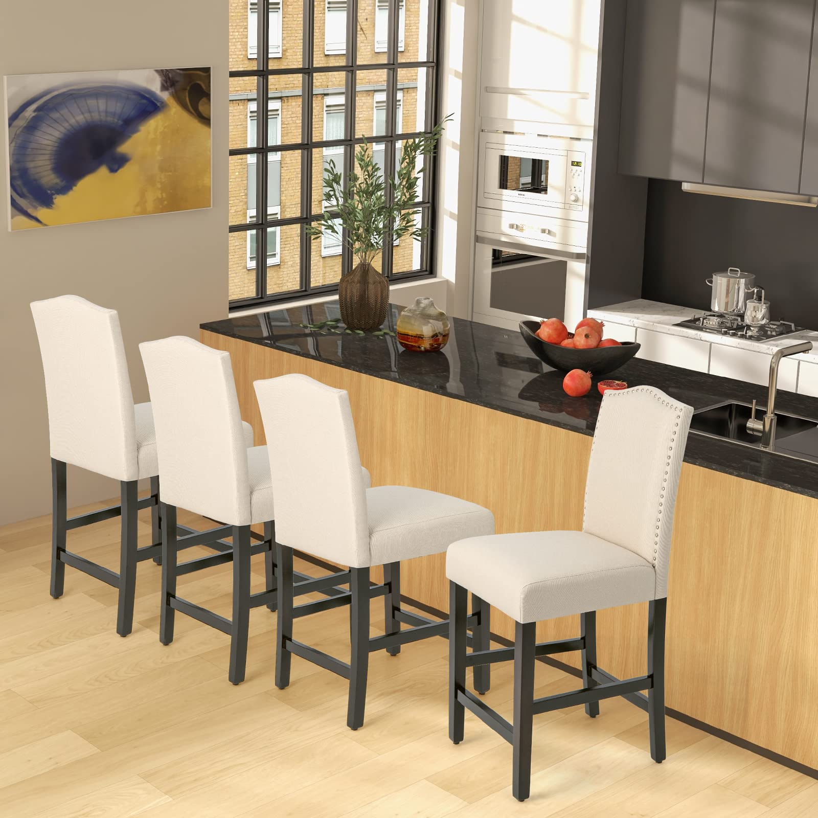 Bar Stools Set of 2/4, Counter Height Bar Dining Chairs with Rubber Wood Legs, Footrest