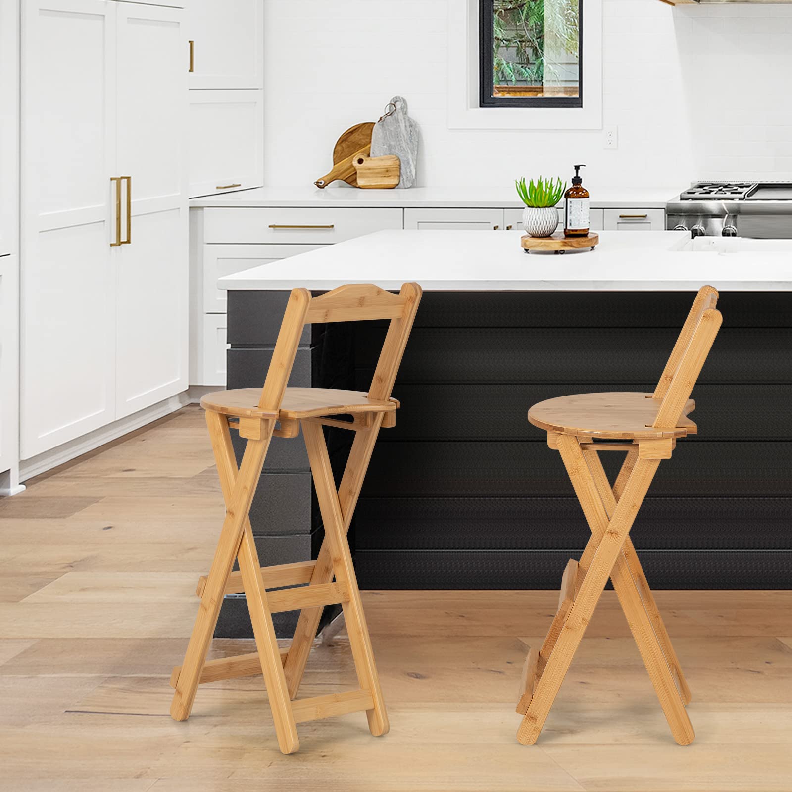 Folding Bamboo Bar Stools Set of 2/4, 24-inch Kitchen Counter Height Stools with Backrest and Footrest