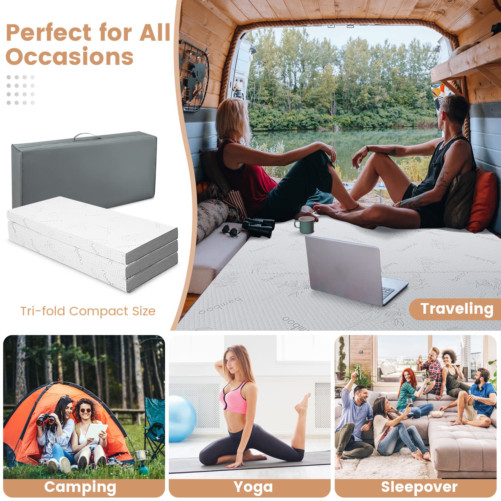 4" Tri-Folding Mattress with Storage Bag, Cool Gel Memory Foam Mattress with Removable Bamboo Cover