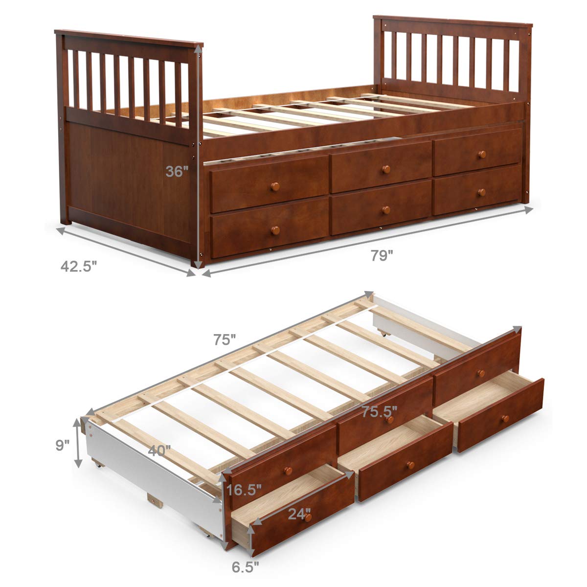 Twin Captain&rsquo;s Bed with Trundle Bed, Wood Storage Daybed with 3 Storage Drawers