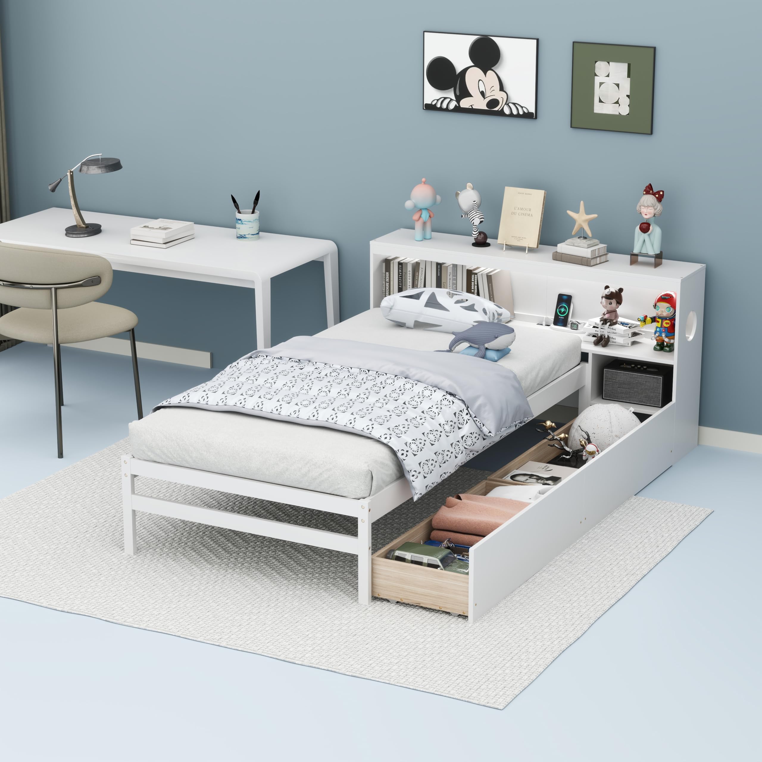 Wood Twin Bed Frame with Storage Drawer & Headboard, Modern Platform Bed with Charging Station & LED Light