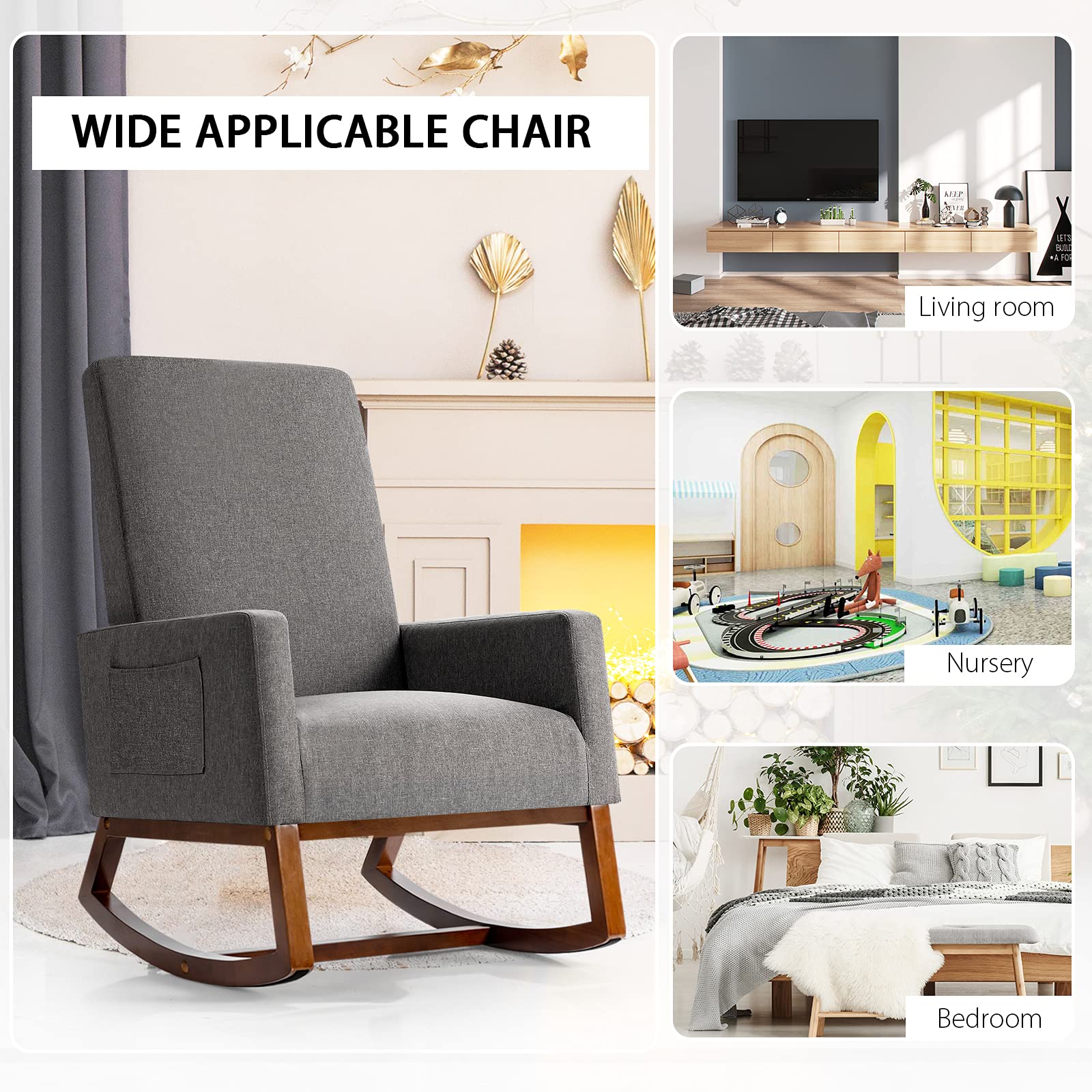 Rocking Chair, High Back Upholstered Lounge Armchair w/Side Pocket