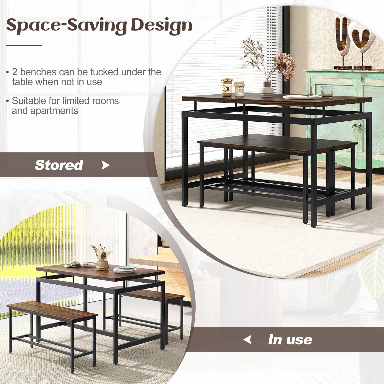 Dining Table Set for 4 with 2 Benches, Metal Frame