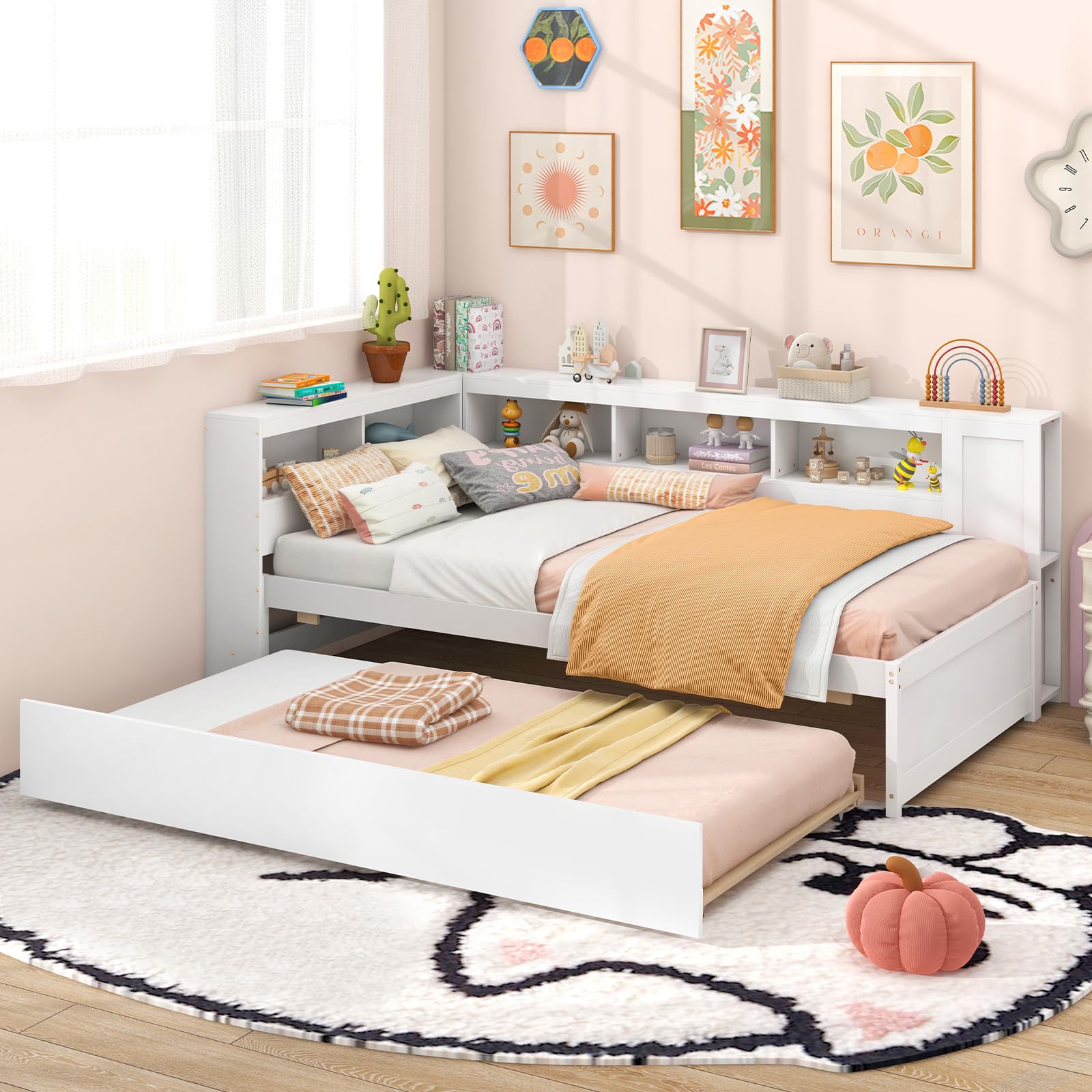 Twin Wood Daybed with Trundle, Storage Headboard, Reversible Bookcase, Bedside Shelves & Wooden Slats