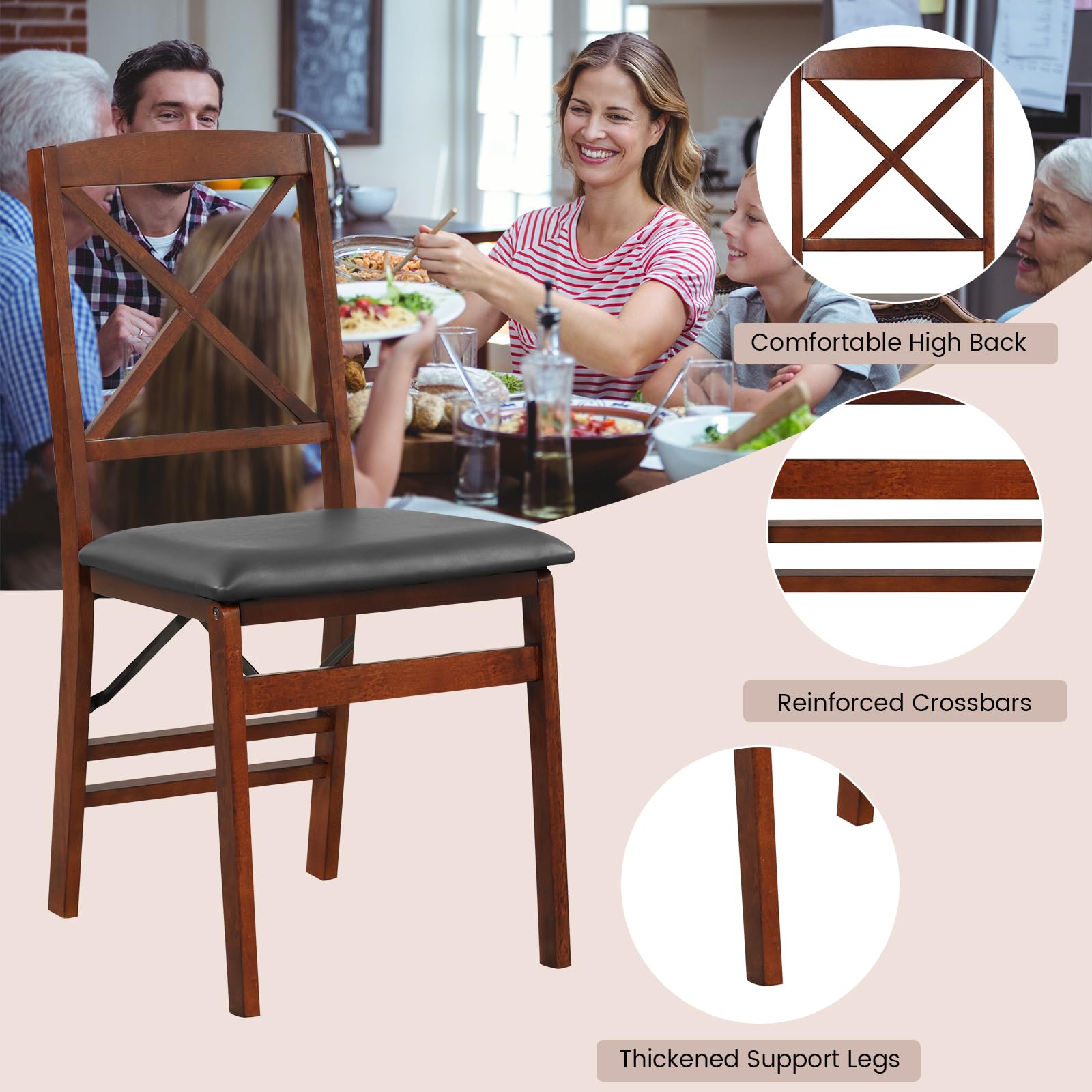 Folding Dining Chairs Set of 2/4, Foldable Wood Chairs with PVC Padded Seat & High Backrest