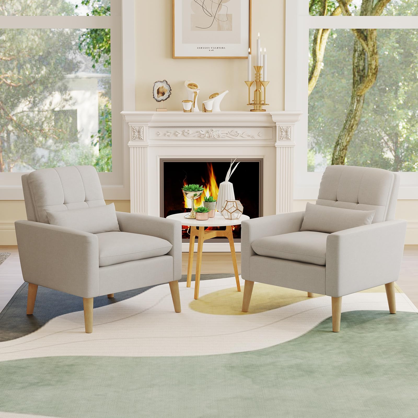 Modern Linen Accent Chair, Upholstered Tufted Armchair with Lumbar Pillow, Rubber Wood Legs, Padded Cushion