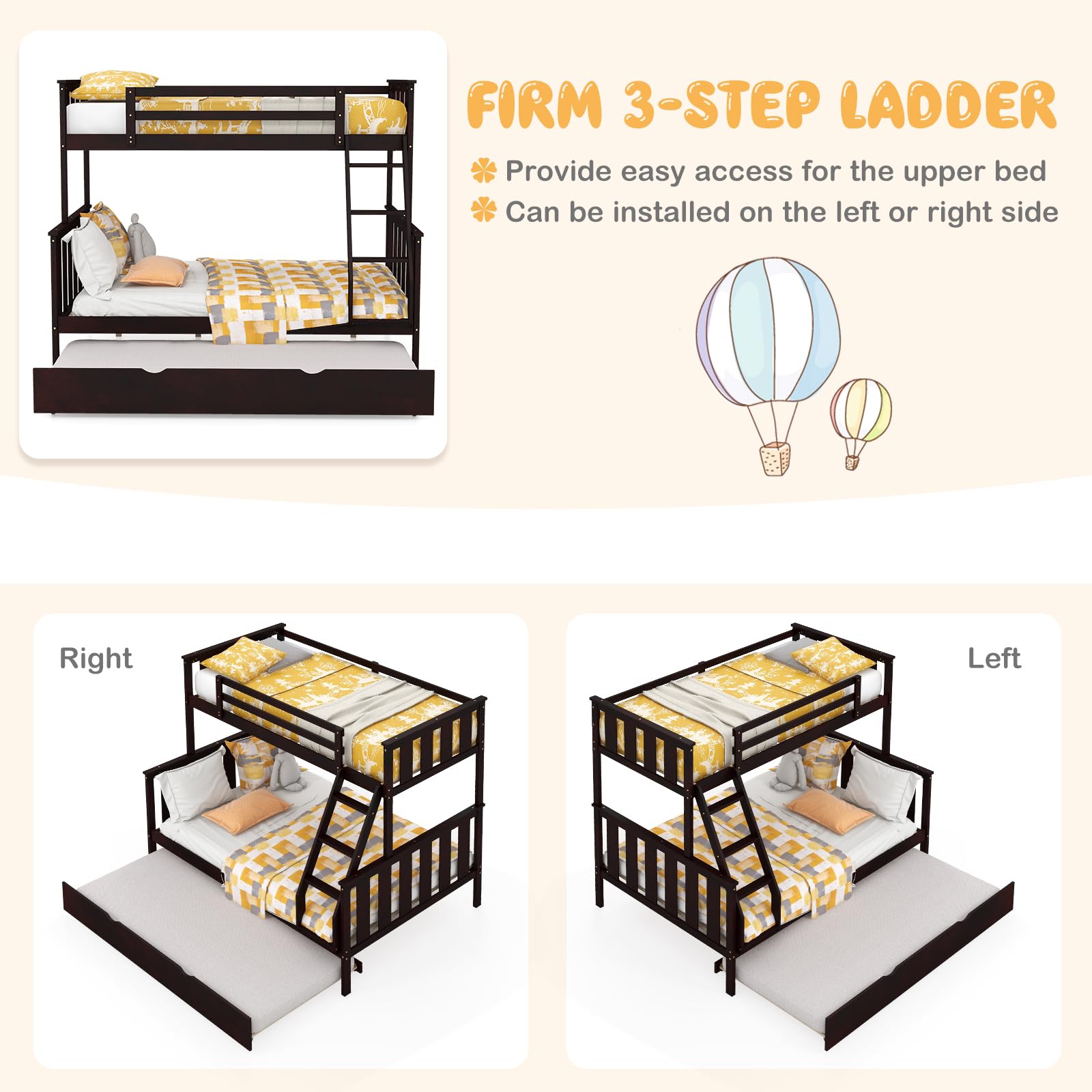 Convertible 3-in-1 Twin Over Full Bunk Bed with Trundle