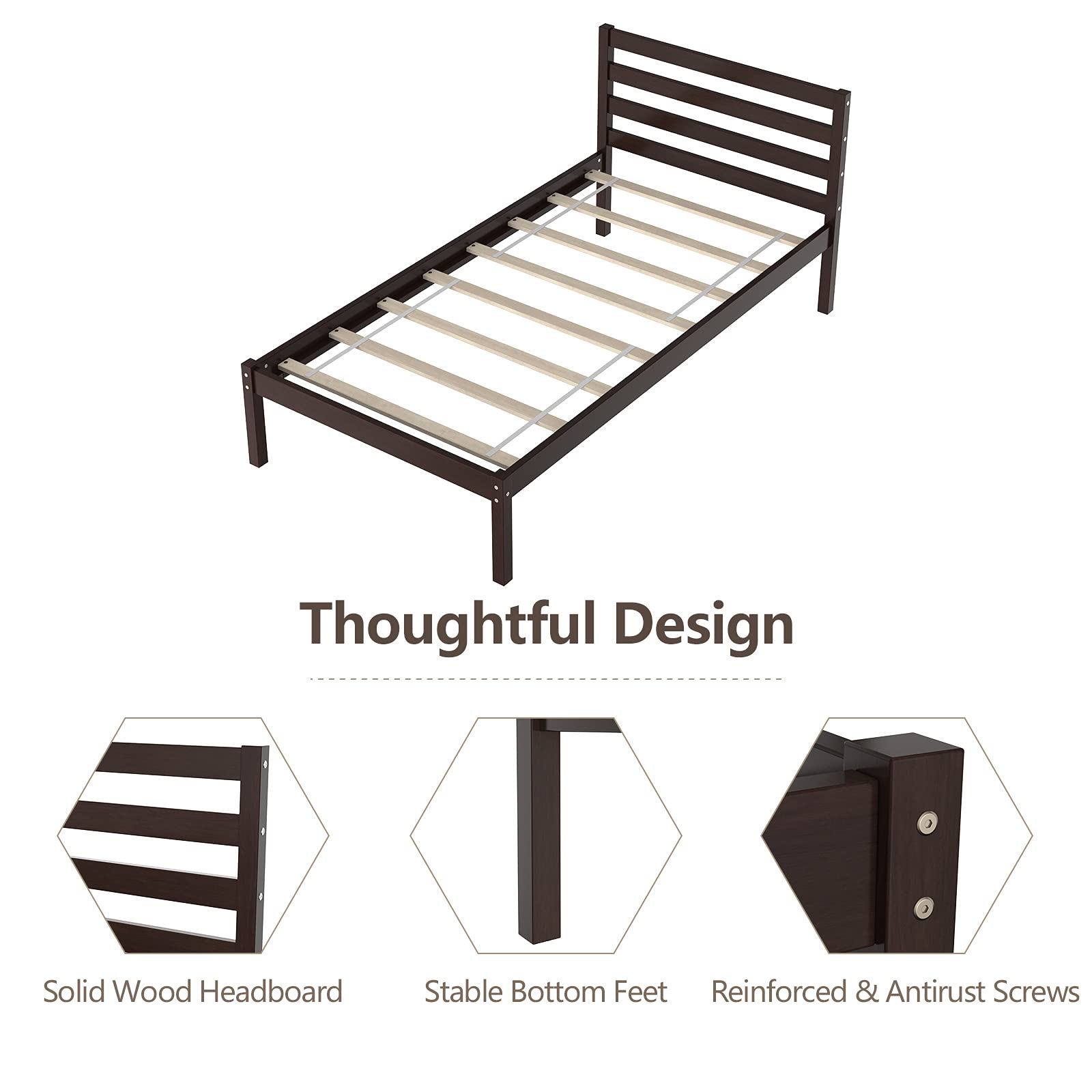 Wood Platform Bed Frame, Paneled Headboard, Wood Slat Support