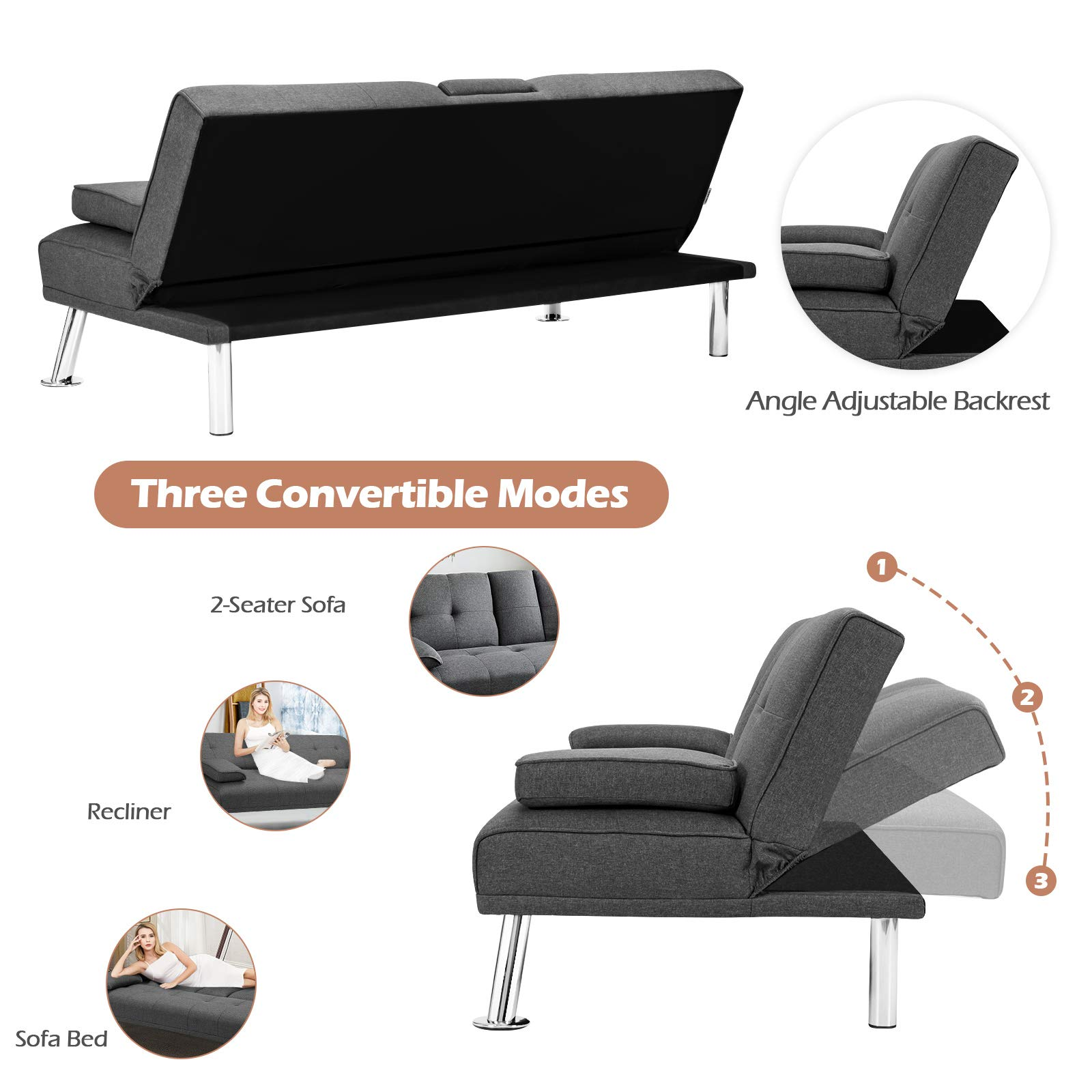 Convertible Futon Sofa Bed with Adjustable Backrest & Removable Armrests, 2 Cup Holders