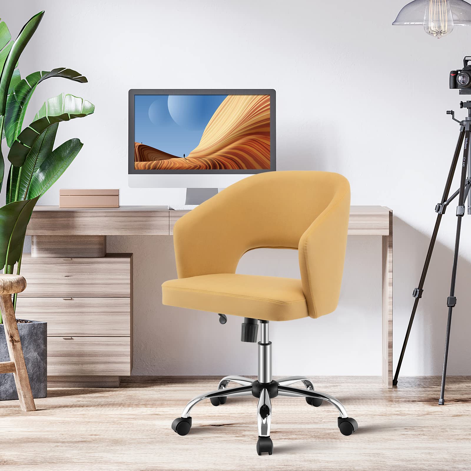 Home Office Desk Chair, Comfy Upholstered Chair with Hollow Design & Height Adjustable