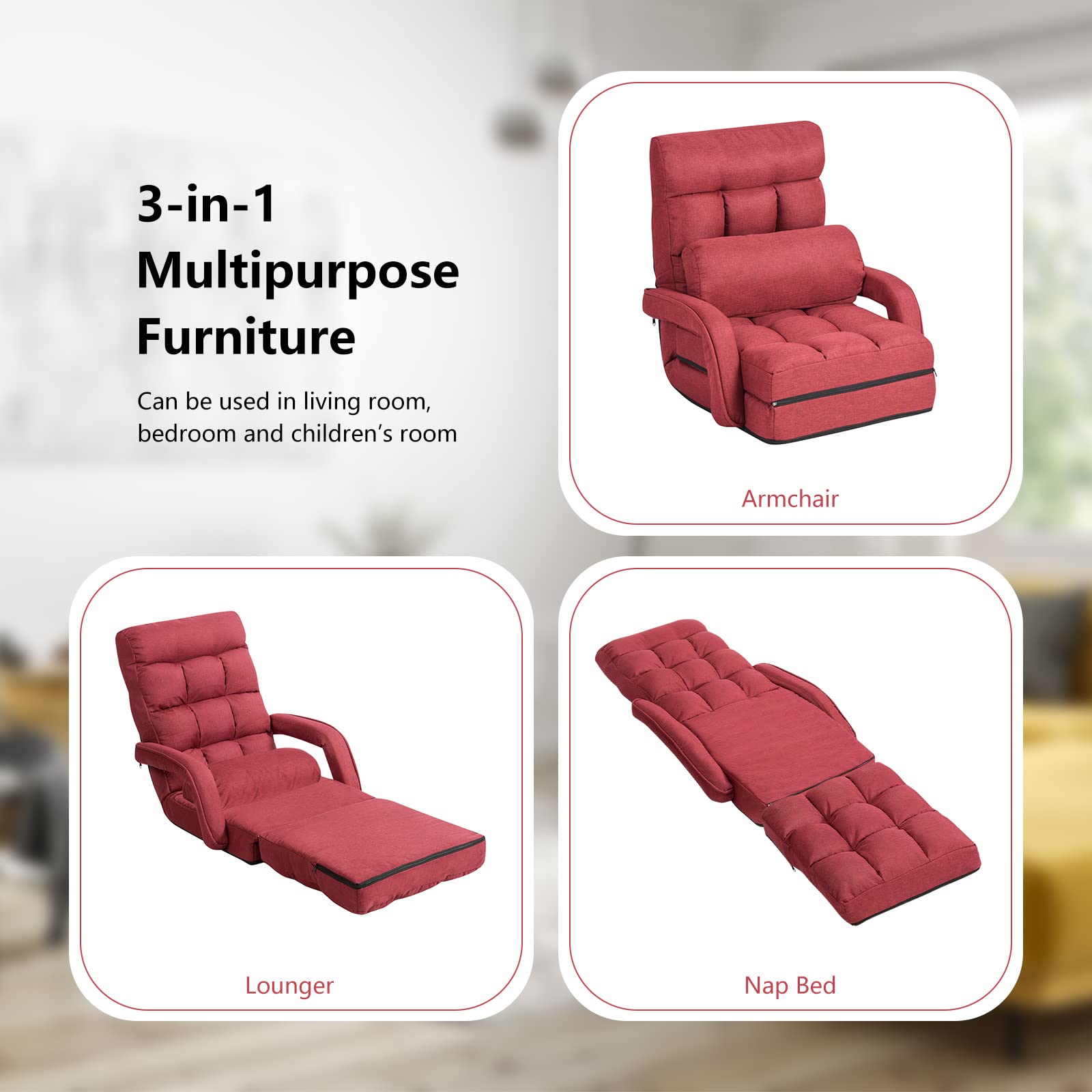 Adjustable Floor Chair, Folding Lazy Sofa Chair with 5 Positions, Detachable Seat Cushion