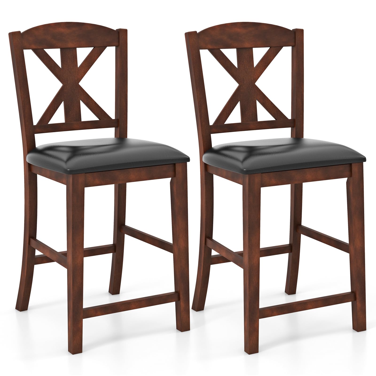 Wood Bar Stools Set of 2/4, 24" Upholstered Counter Height Bar Chairs w/Hollowed High Back, PU Leather, Rubber Wood Legs