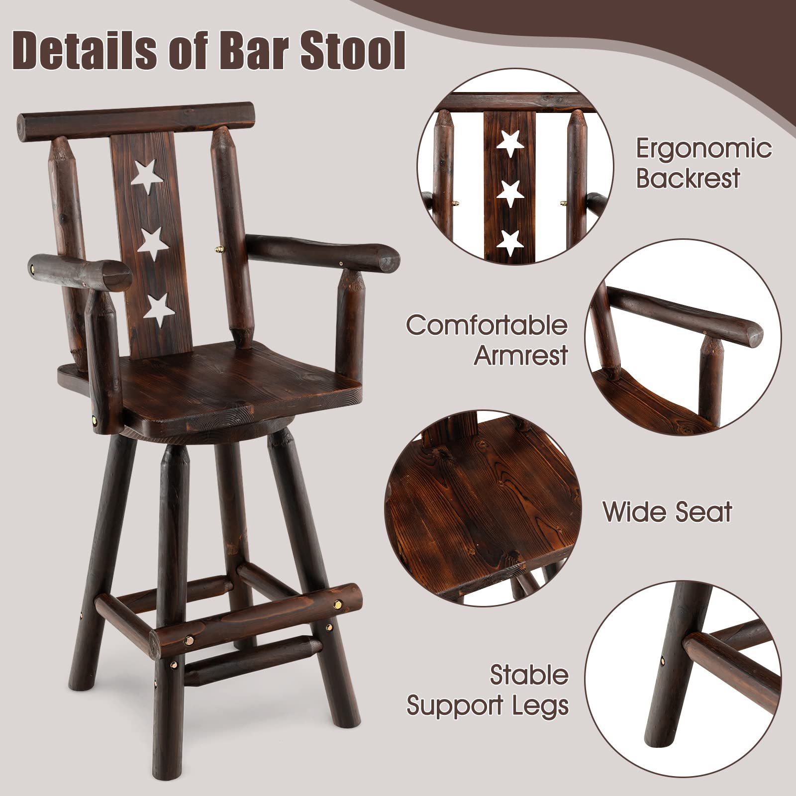 360&deg; Swivel Wood Bar Stools Set of 2 with Footrest, Decorative Star Backrest, Wide Armrest