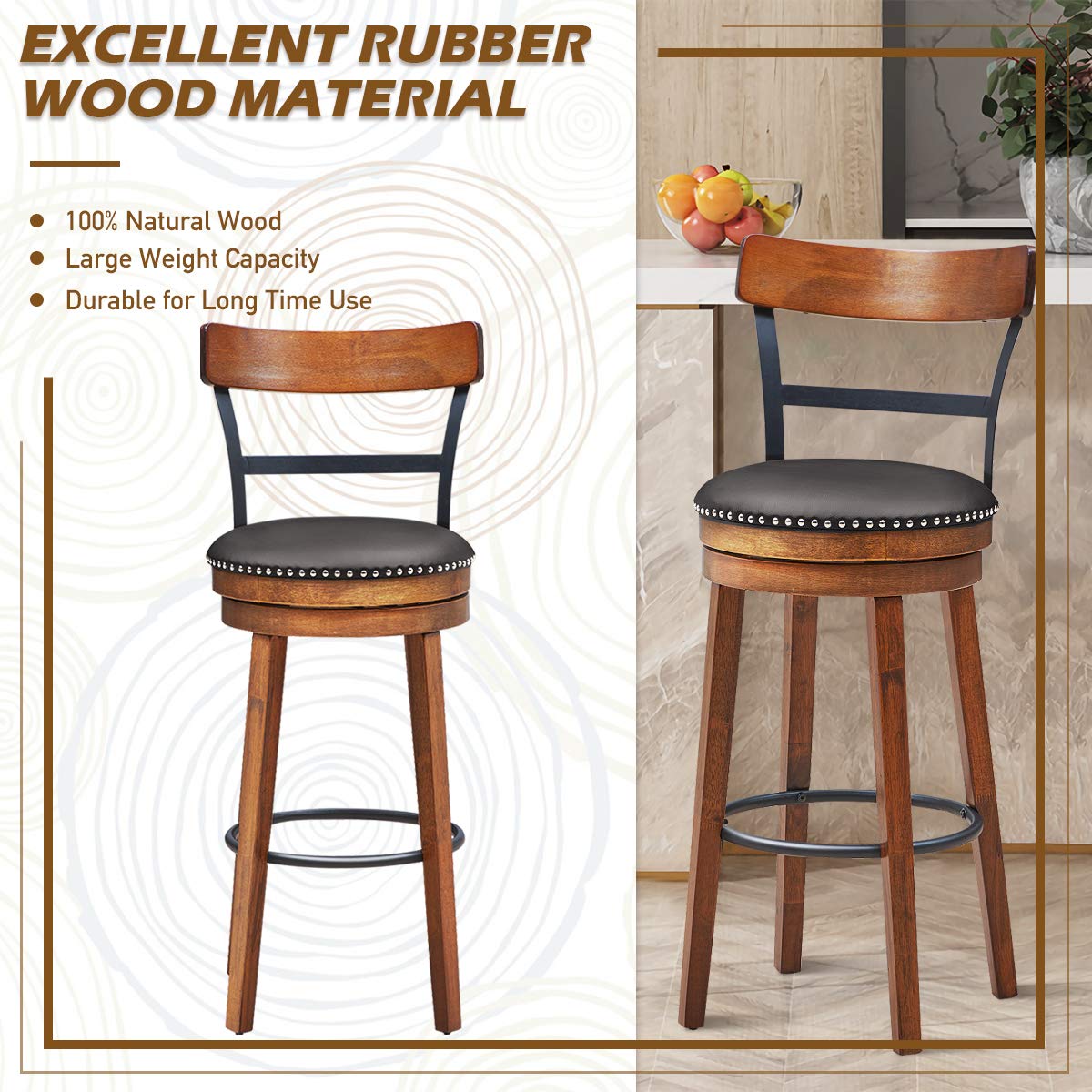 Bar Stools Set of 1/2/4, 360-Degree Swivel Stools with Leather Padded Seat, Single Slat Ladder Back & Solid Rubber Wood Legs