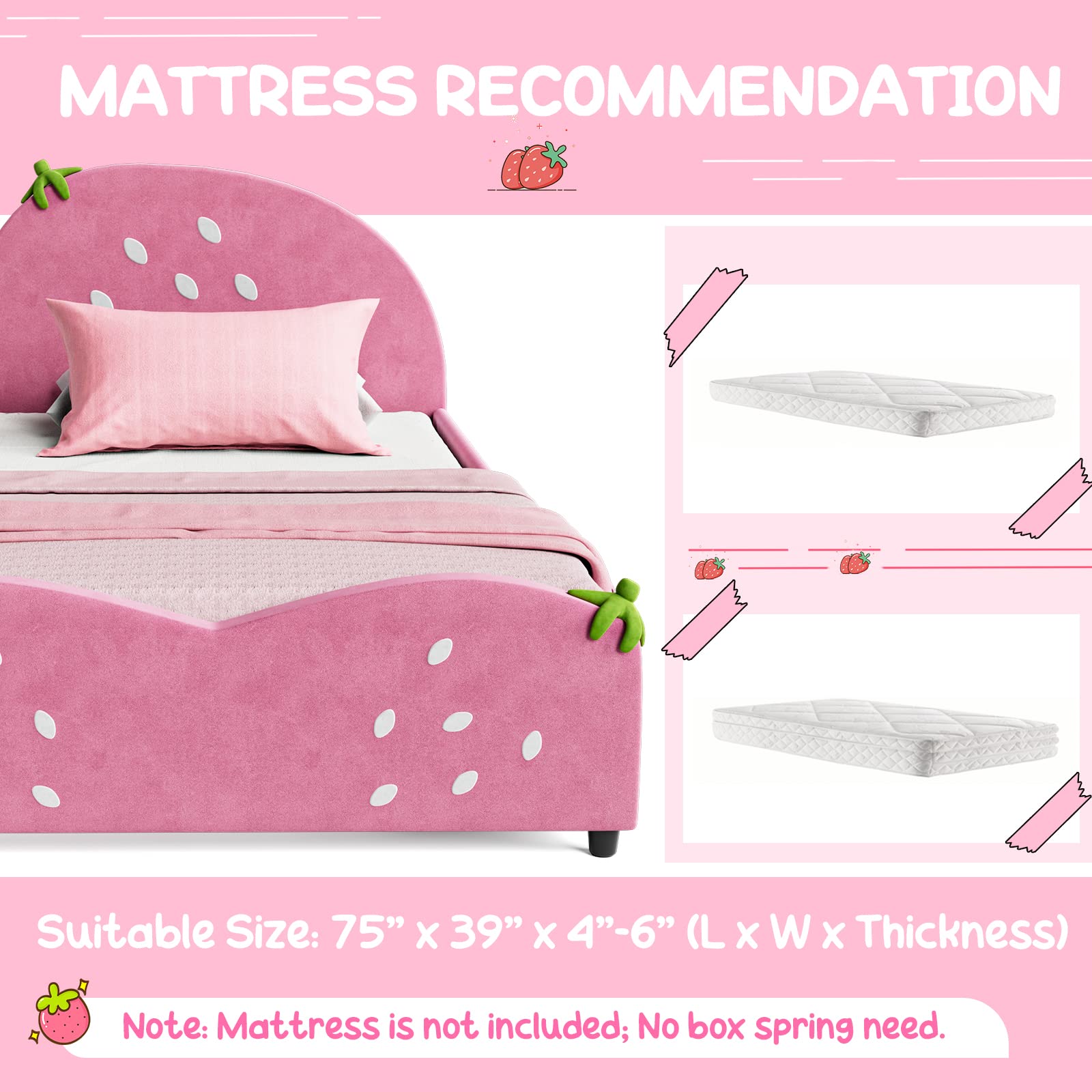 Kids Twin Bed Frame with Headboard, Toddler Upholstered Platform Bed with Slatted Bed Base