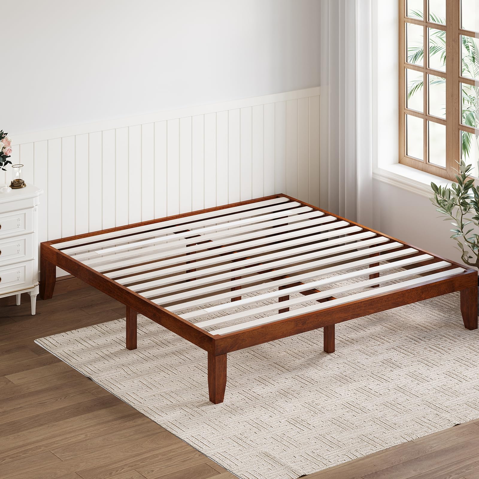 14 Inches Wood Platform Bed Frame, Solid Wood Mattress Foundation with Rubber Wood Frame