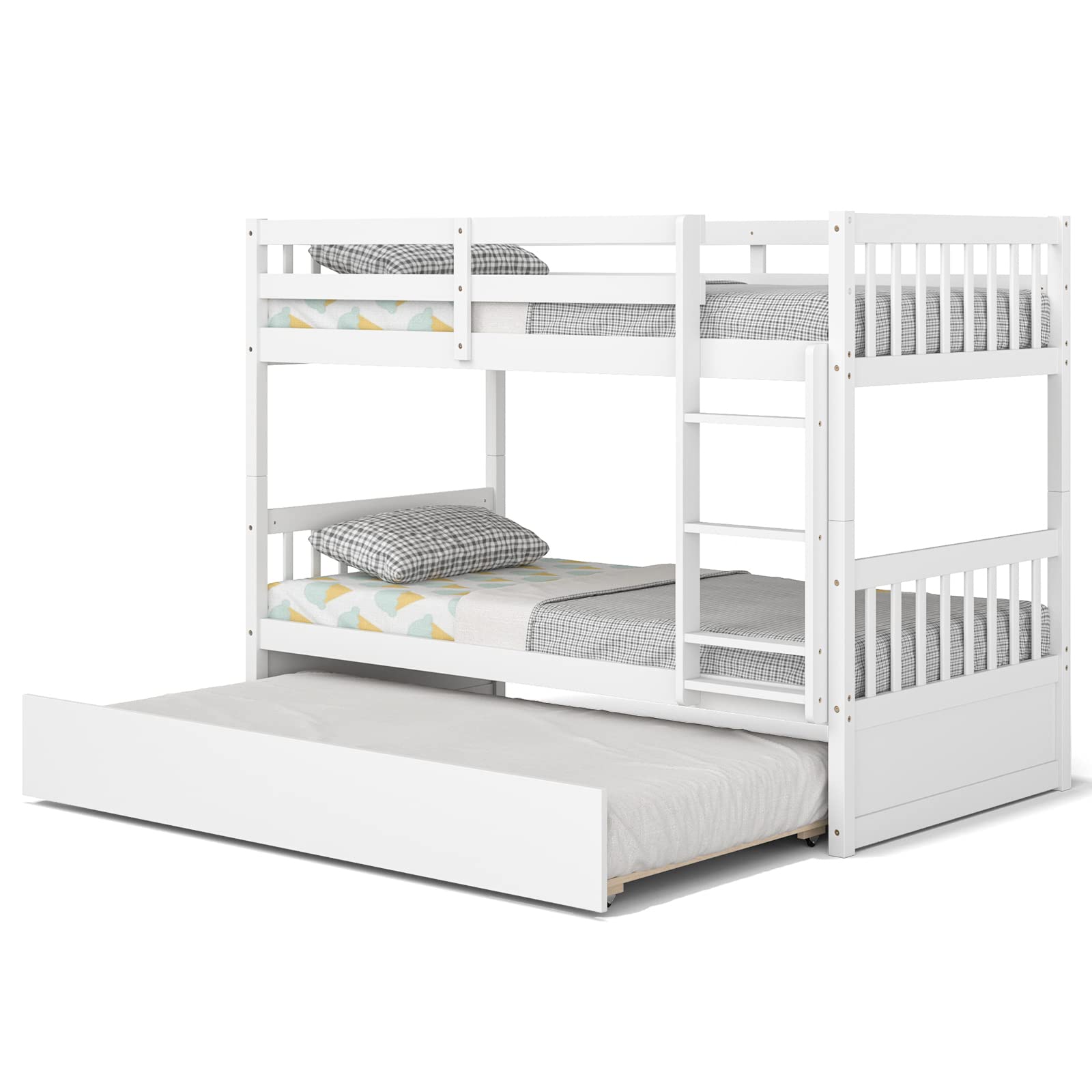 Twin Over Twin Wood Bunk Bed with Trundle, 2-in-1 Convertible Bunk Bed with Ladder & Solid Wood Frame