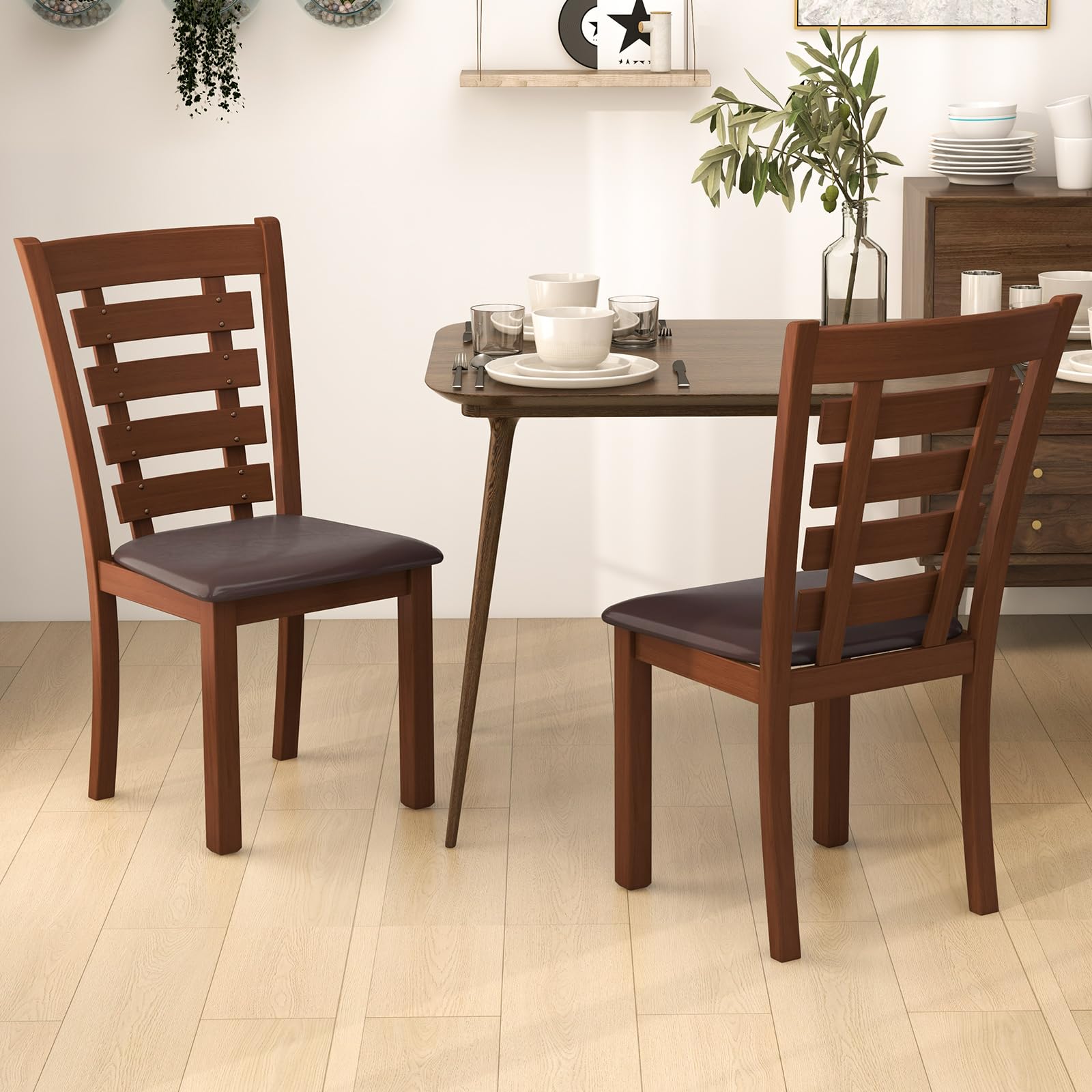 Wood Dining Chairs Set of 2/4, Farmhouse High Back PU Leather Dining Room Chair