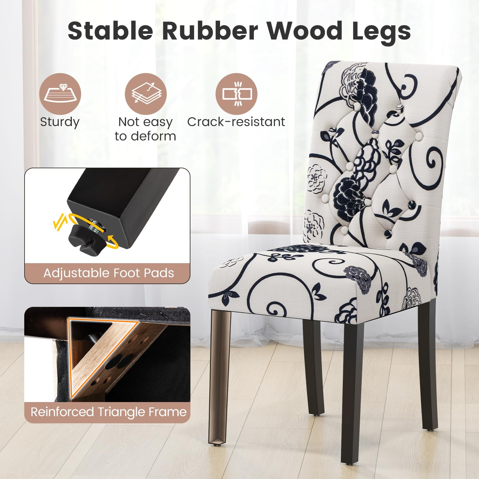 Upholstered Accent Dining Chairs Set of 2/4 with Adjustable Anti-Slip Foot Pads, High Back, Sturdy Wood Legs