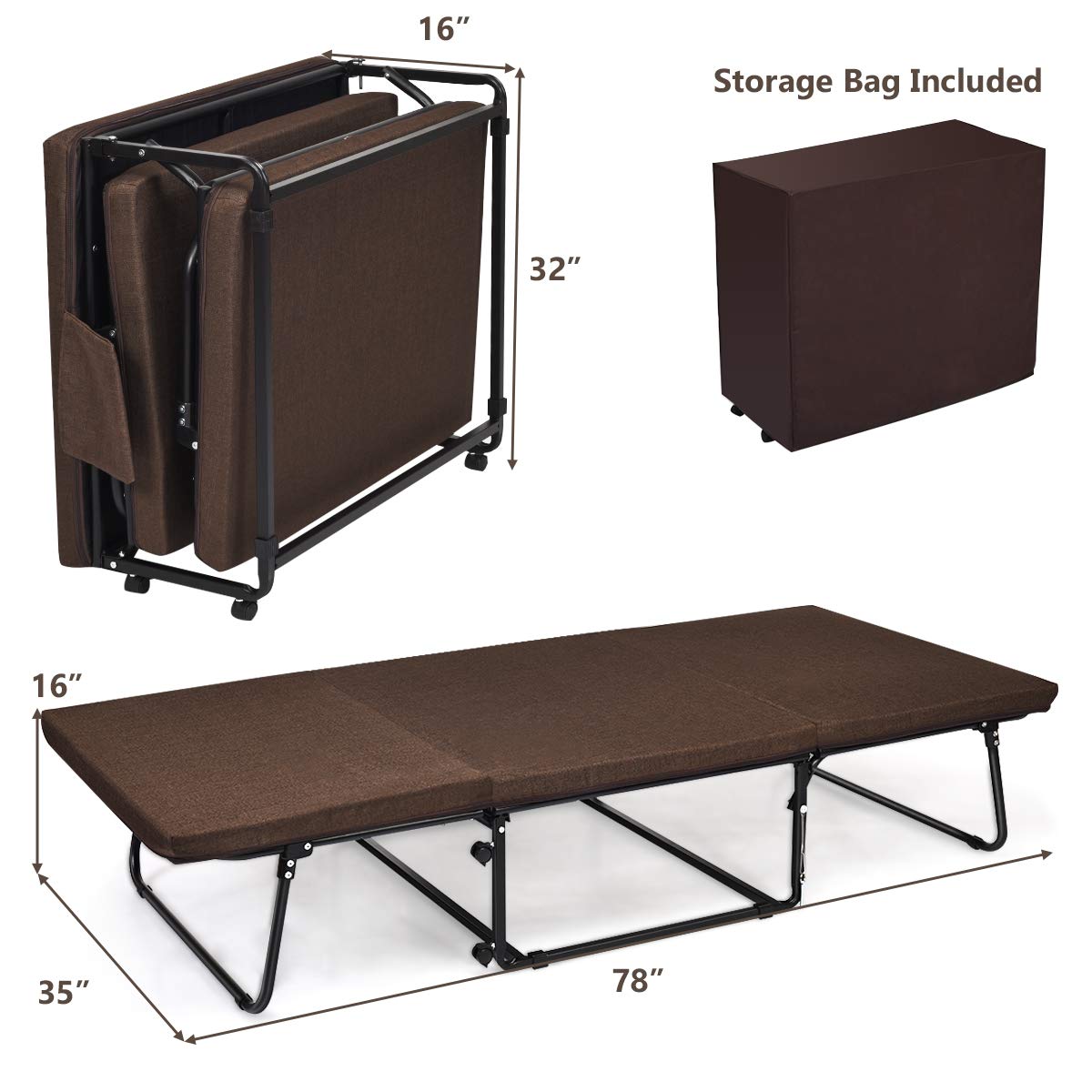 Folding Bed, 3 in 1 Convertible Sleeper Bed with Mattress, Adjustable with 6 Positions