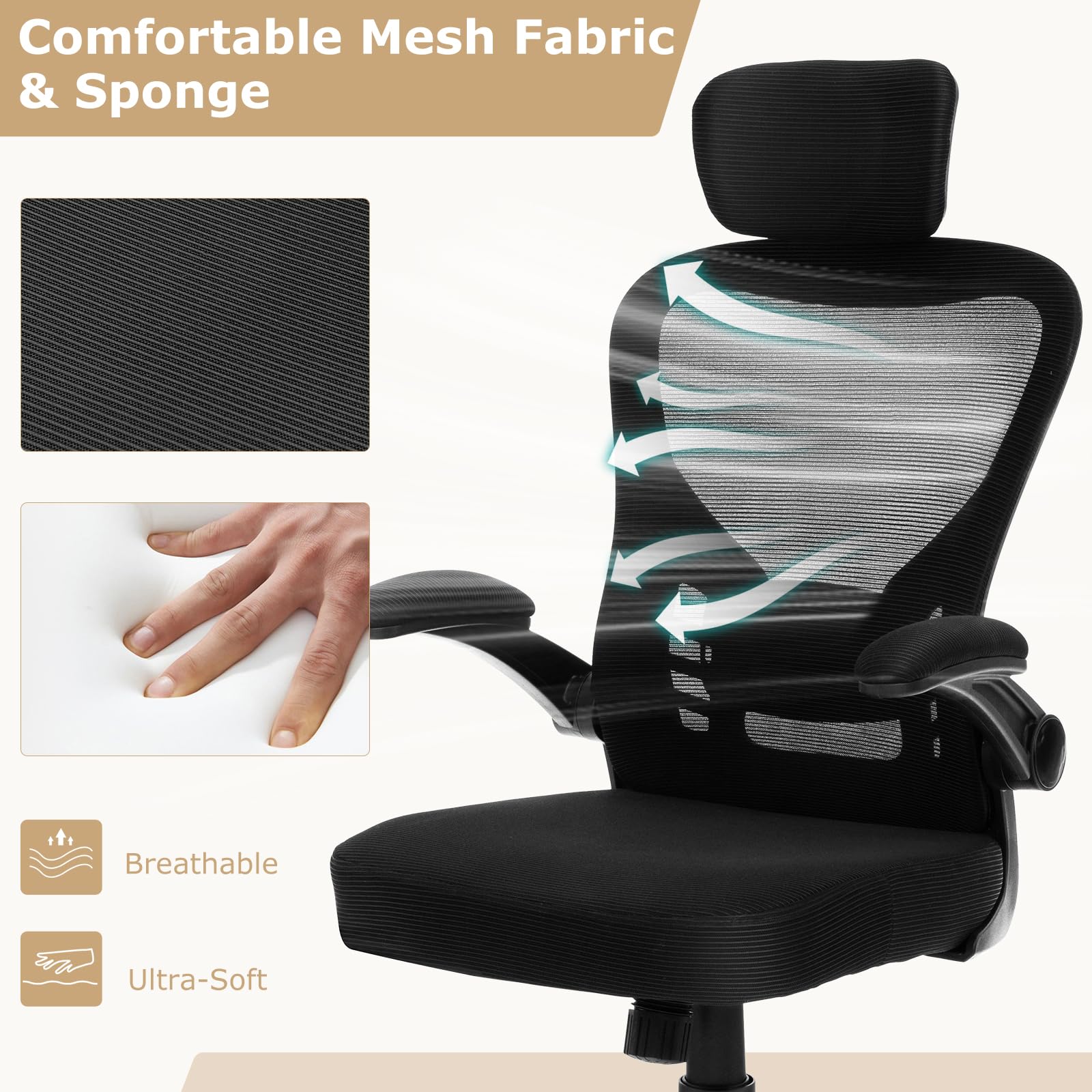 Ergonomic Mesh Office Chair, Home Office Desk Chair with Adjustable Headrest and Lumbar Support