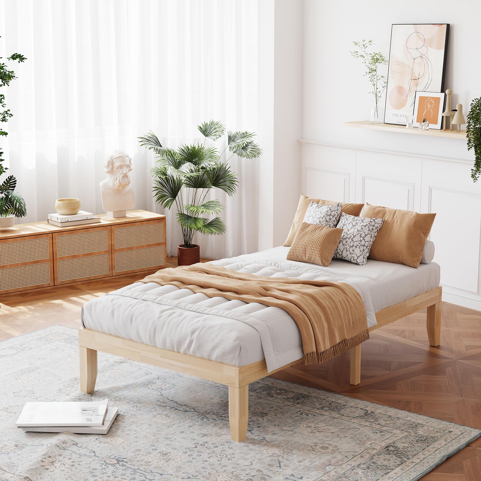14 Inches Wood Platform Bed Frame, Solid Wood Mattress Foundation with Rubber Wood Frame