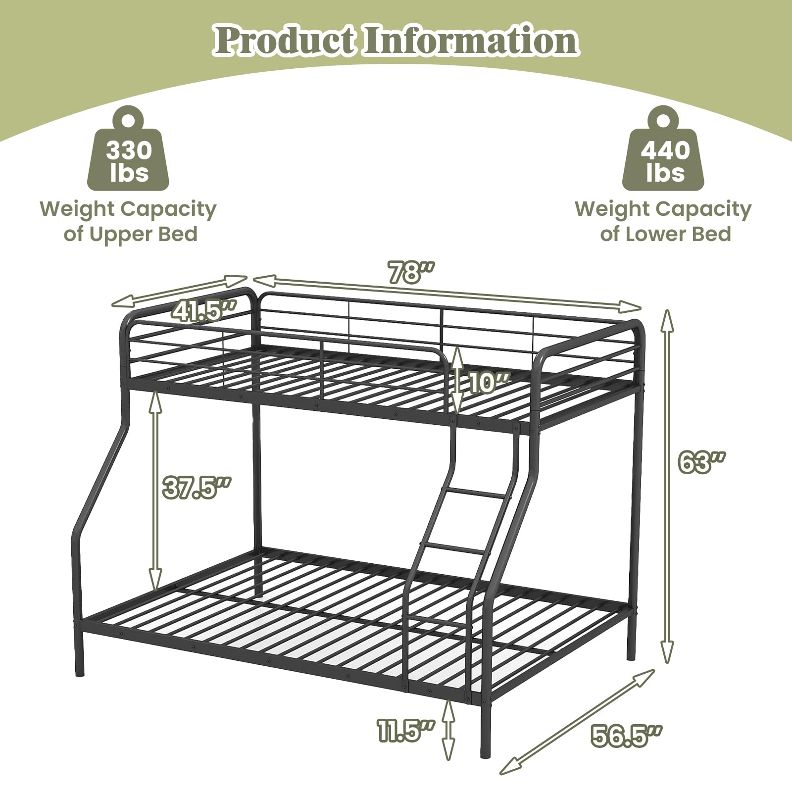 Twin Over Full Metal Bunk Bed with Inclined Ladder, Safety Guardrail