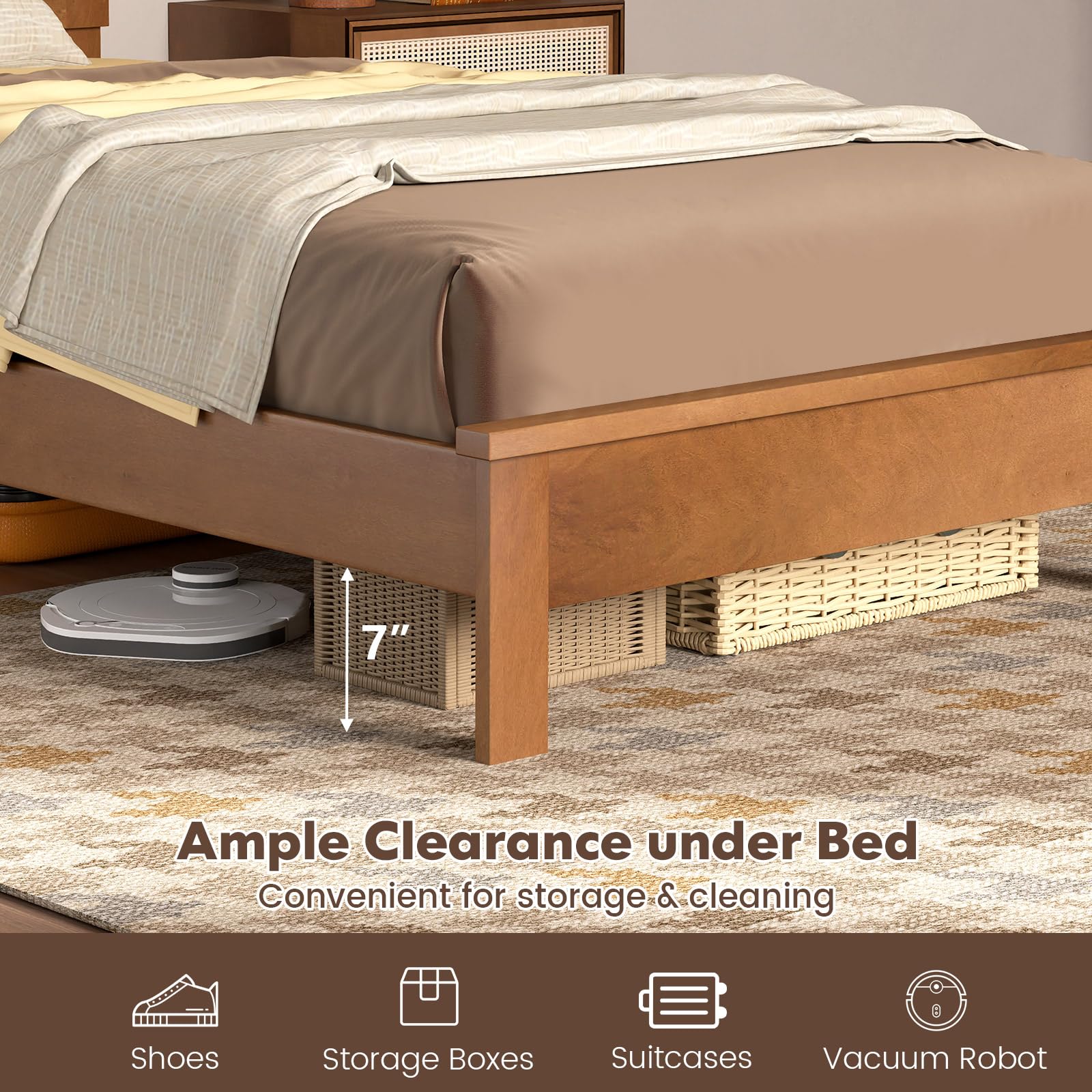 Wood Platform Bed Frame with Headboard, Mid Century Platform Bed Frame with Solid Wood Legs & Wooden Slat Support