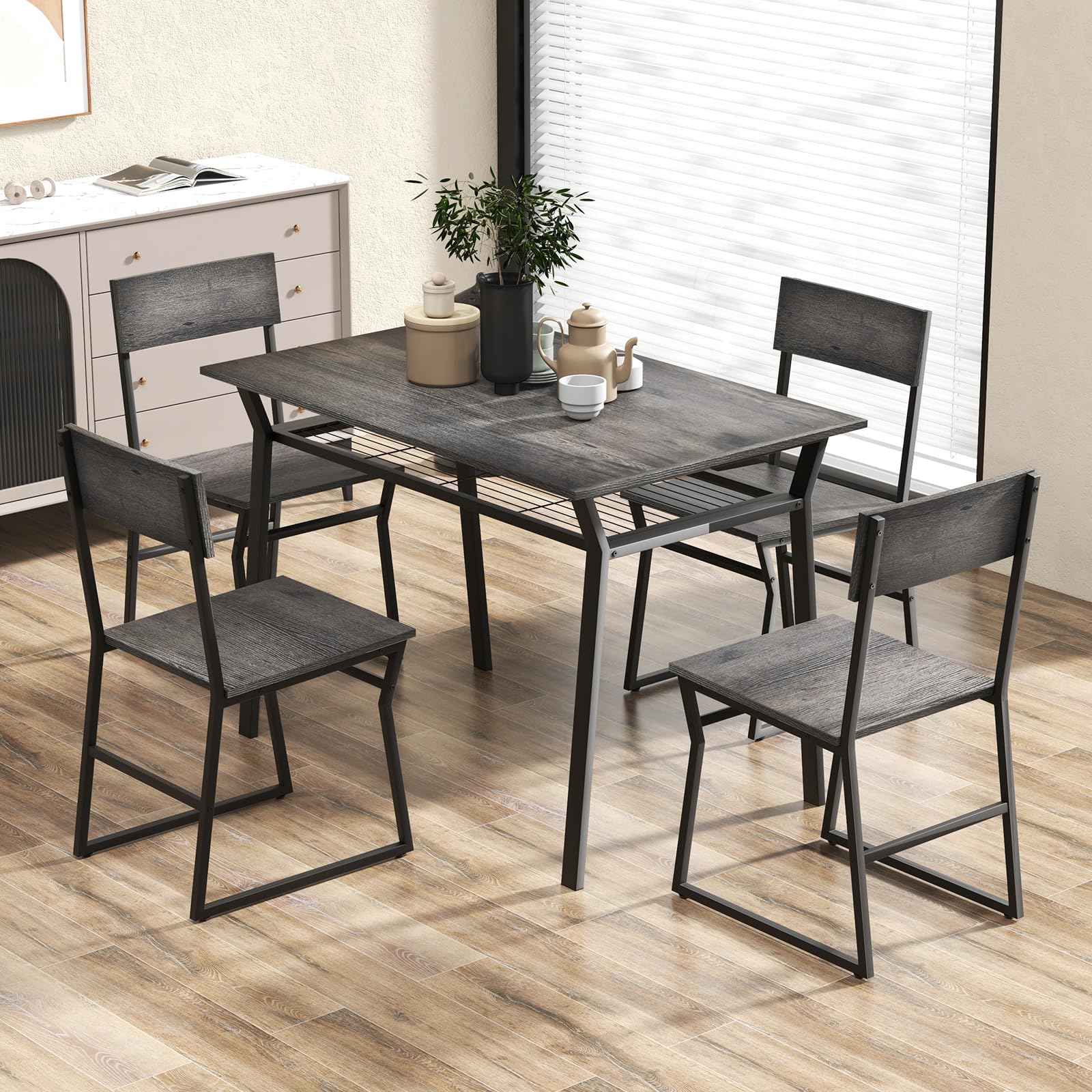 Dining Table Set for 4, 47&rdquo;L x 28&rdquo;W Rectangular Kitchen Table w/ 4 Trapezoid Chairs, Reinforced Metal Frame & Storage Rack