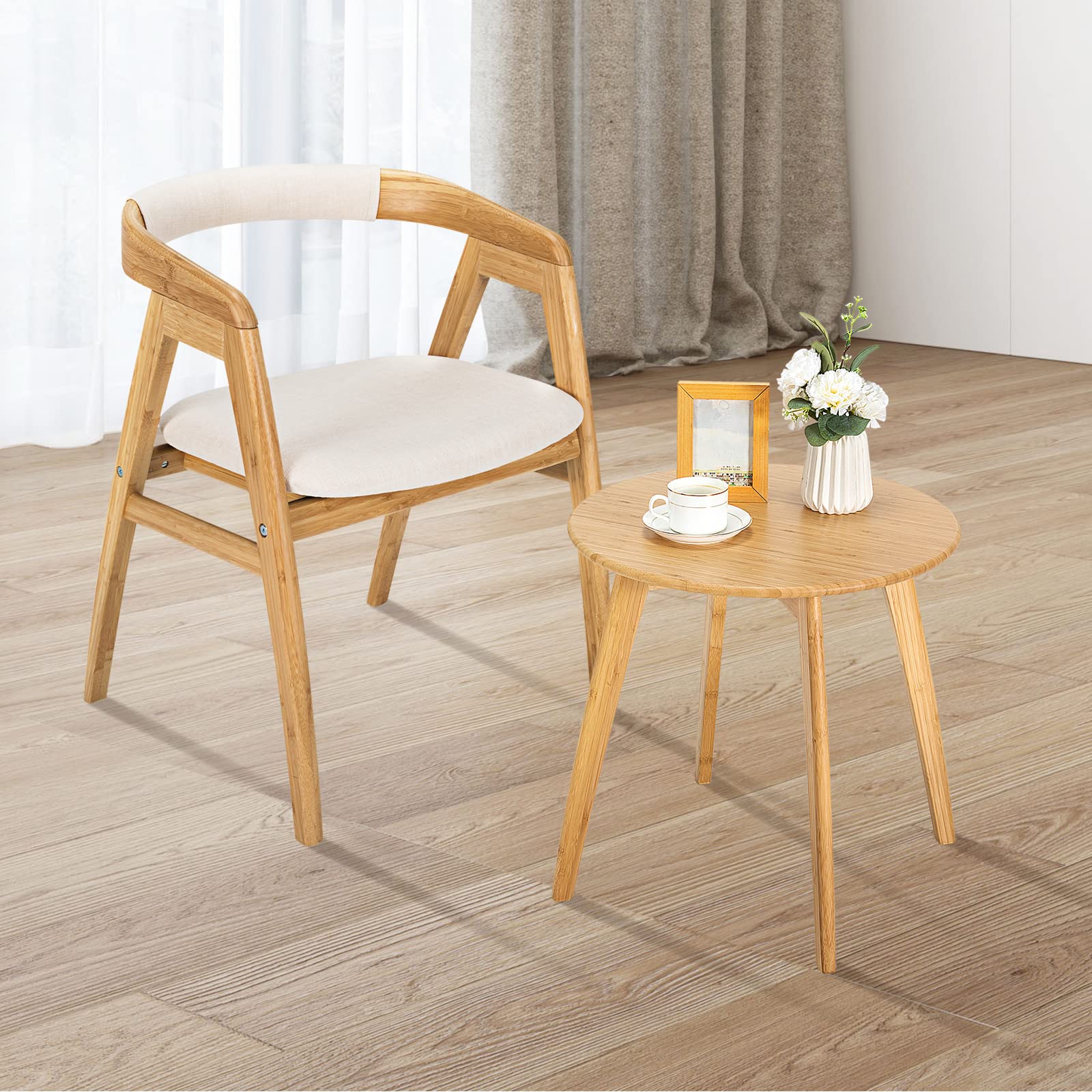 Bamboo Accent Chair, Modern Painted Bamboo Leisure Chair w/Comfy Fiber Cushion, Curved Backrest, Solid Legs