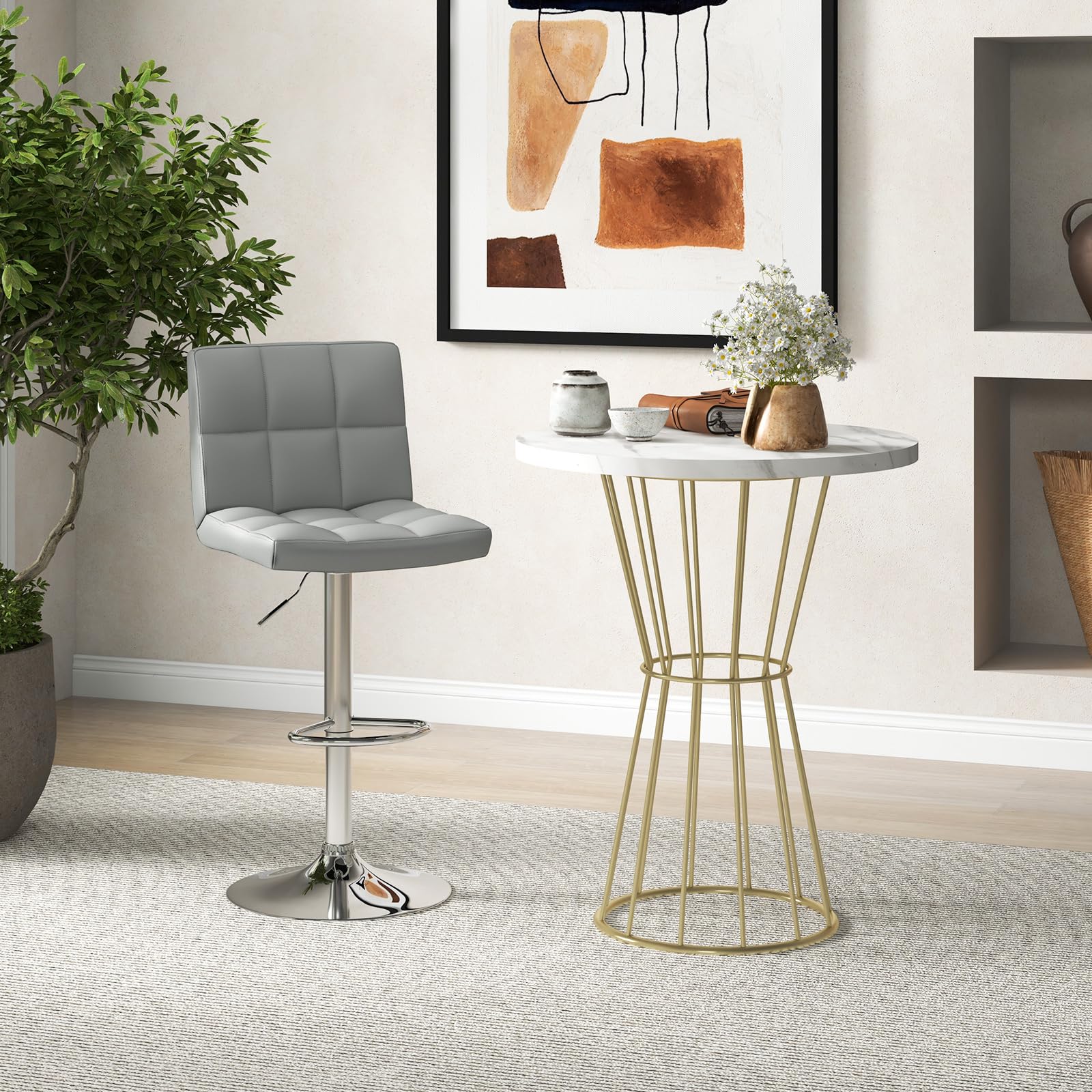 Modern PU Leather Height Adjustable Bar Stools  Set of 1/2 with Back, Footrest, Metal Base