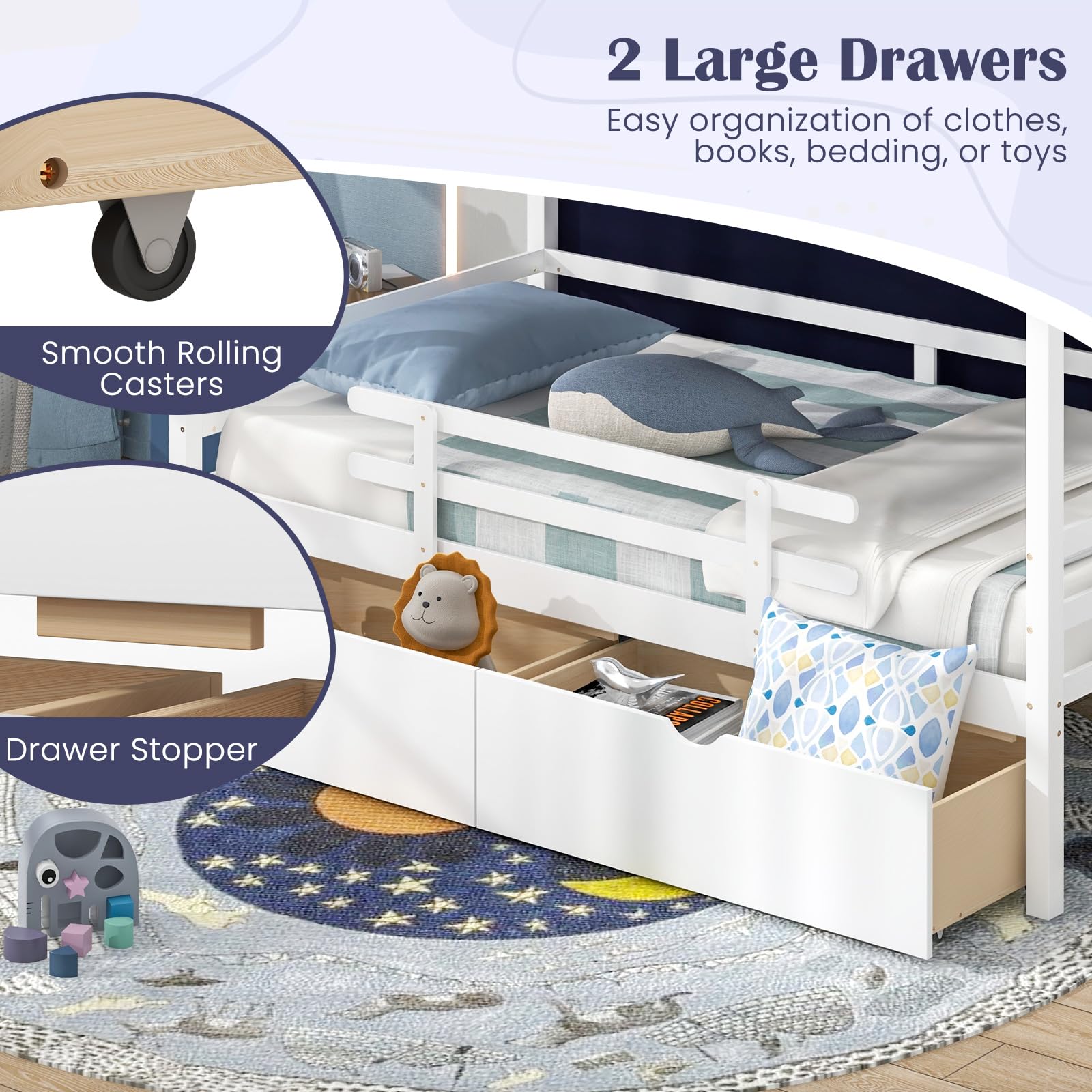 Twin House Bed with Tent, Wood Kids Bed with 2 Storage Drawers, Solid Wood Daybed Frame with Rails and Roof
