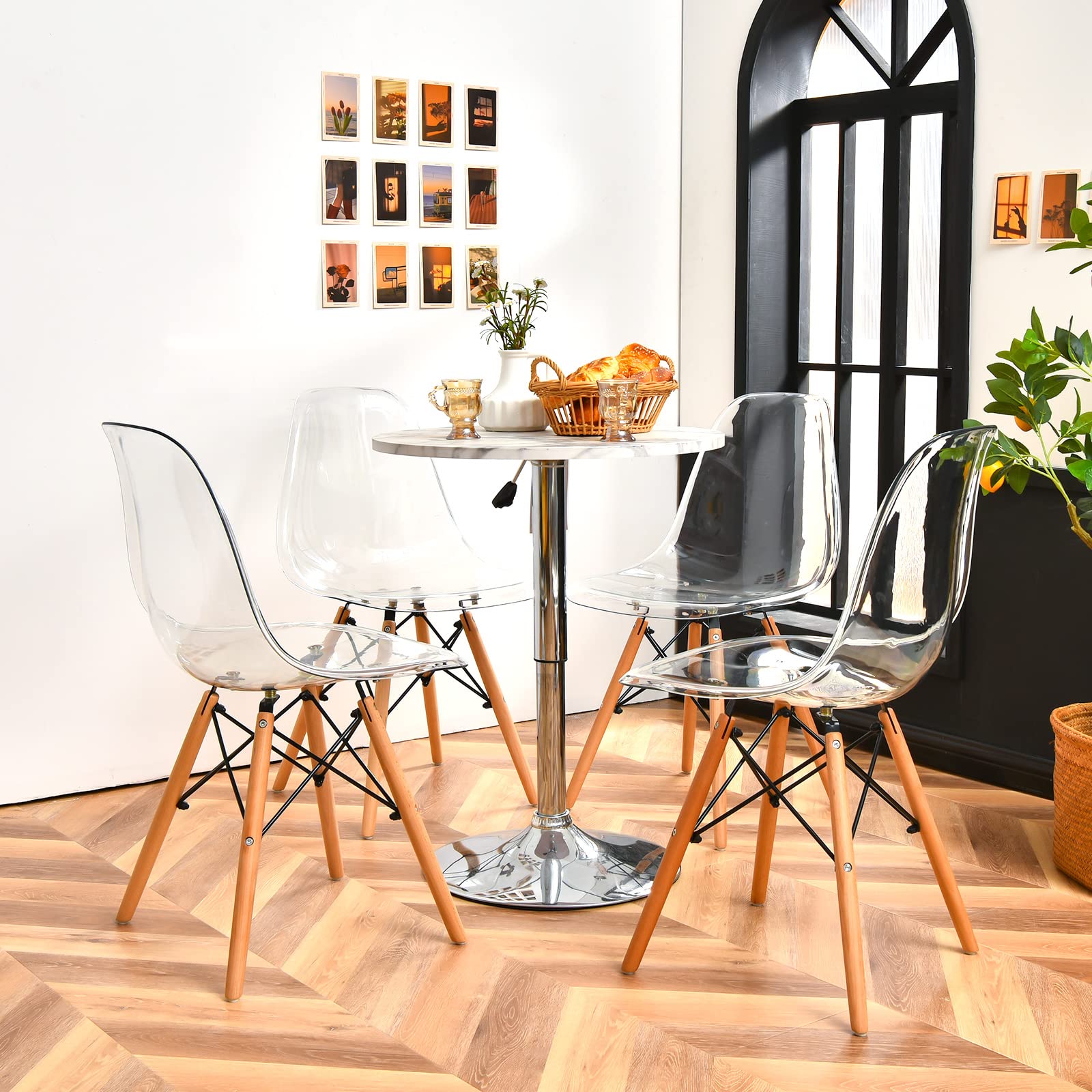 Clear Acrylic Dining Chairs Set of 4 with Beech Wood Legs