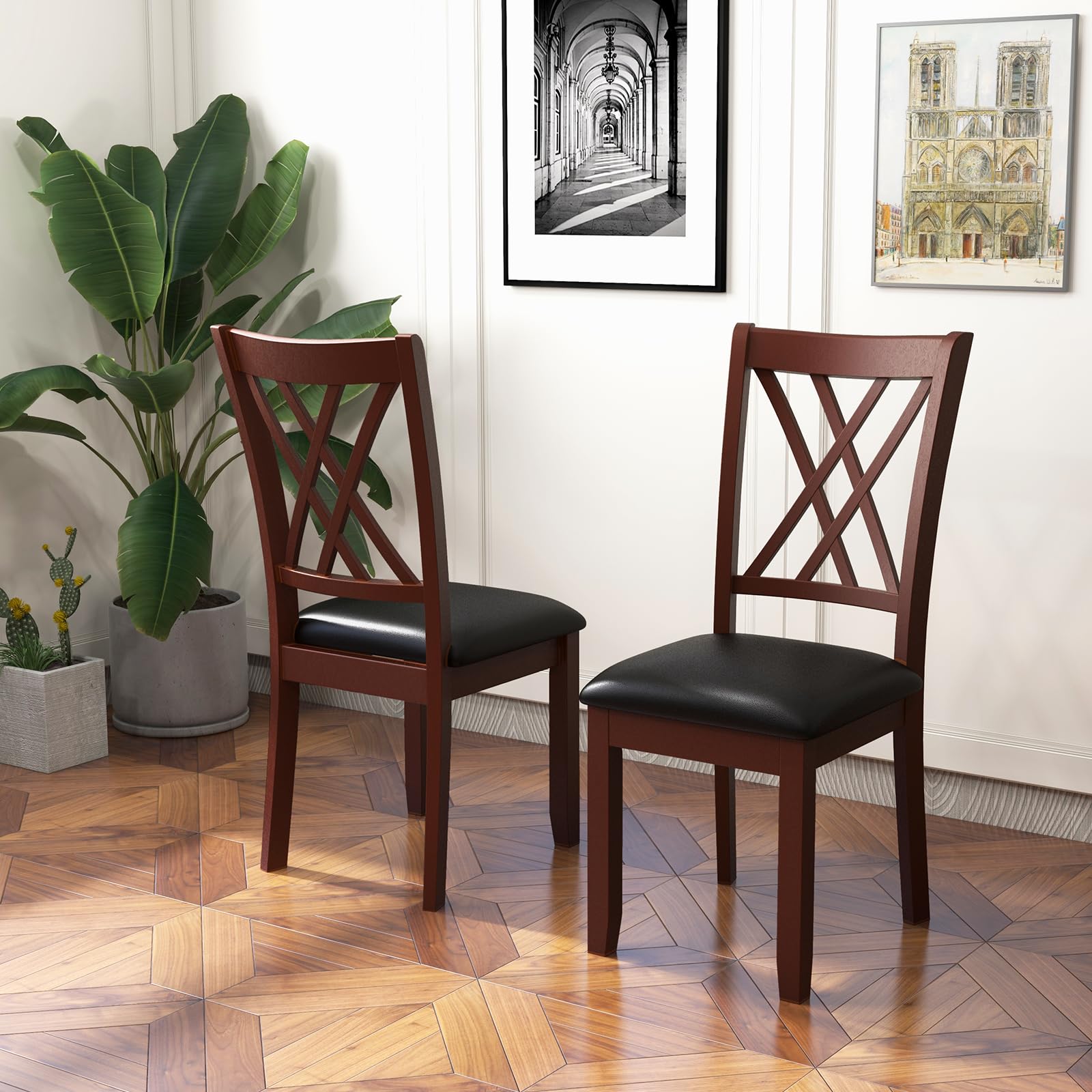 Wood Dining Chairs Set of 2/4, Faux Leather Upholstered Kitchen Chairs with Rubber Wood Legs, Padded Seat