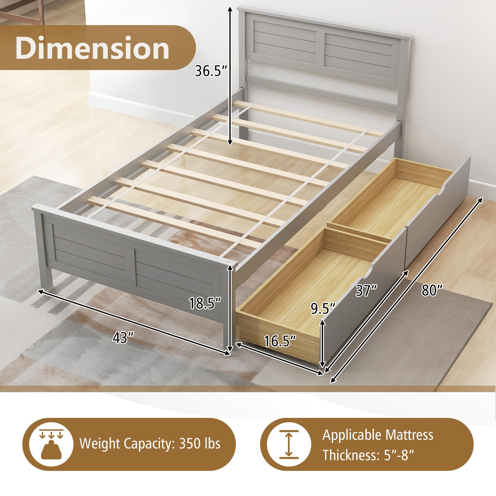 Wood Bed Frame with 2 Storage Drawers