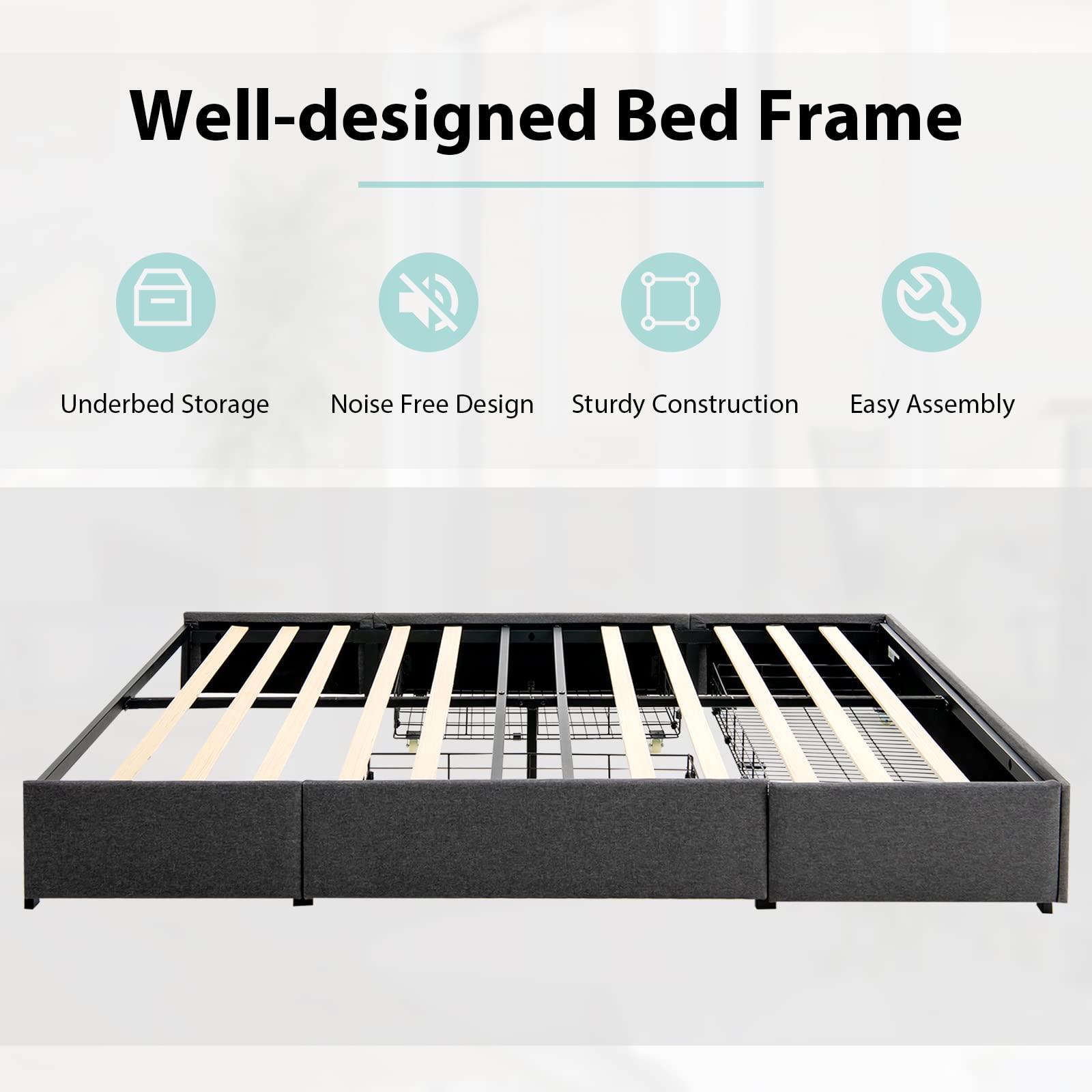  Full Size Bed Frame with 3 Drawers, Fabric Upholstered Platform Bed