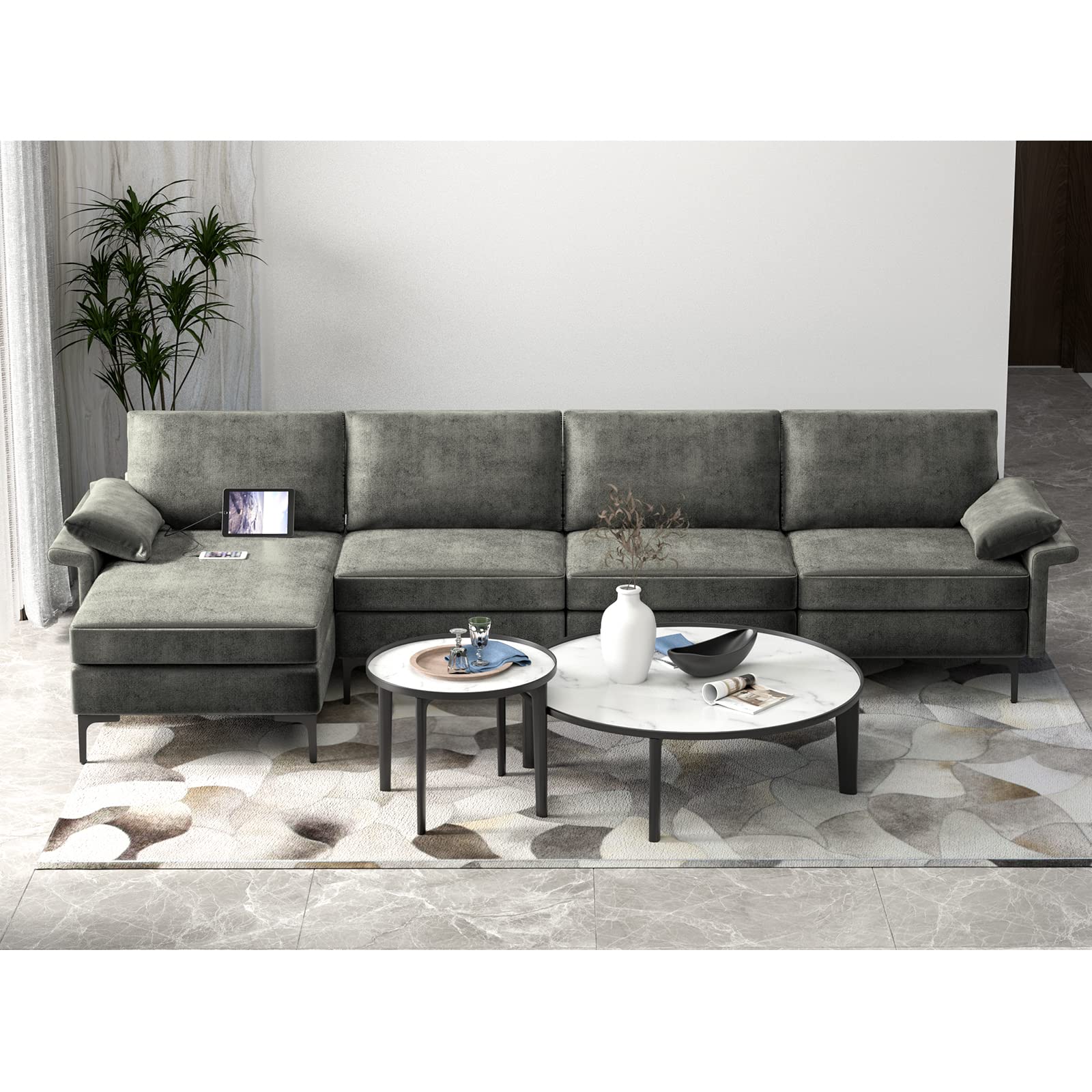 130.5 Inch Extra Large Convertible Sectional Sofa with Reversible Chaise Lounge, 3-Hole Outlets & 4 USB Ports