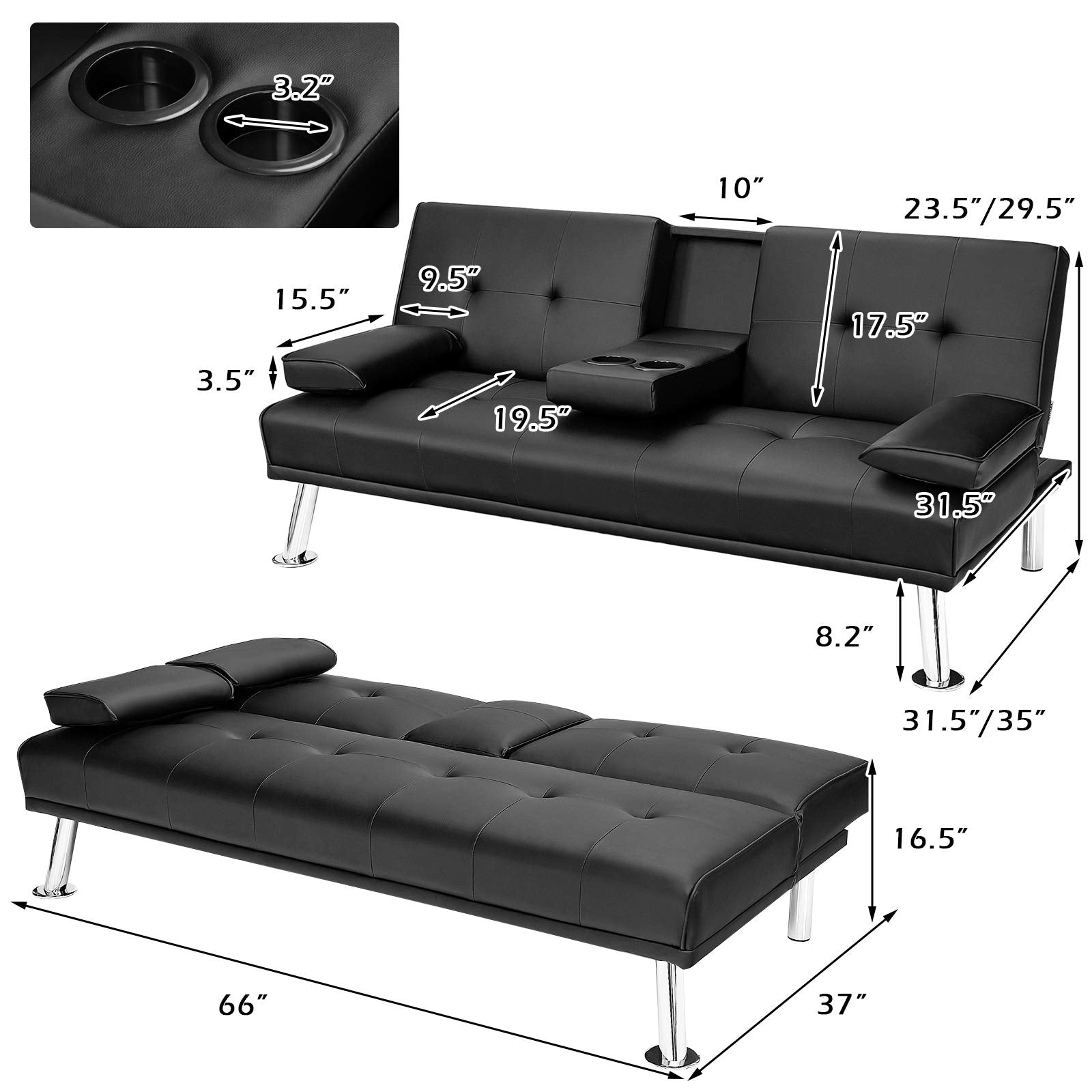 Leather Convertible Futon Sofa Bed with Removable Armrests and 2 Cup Holders