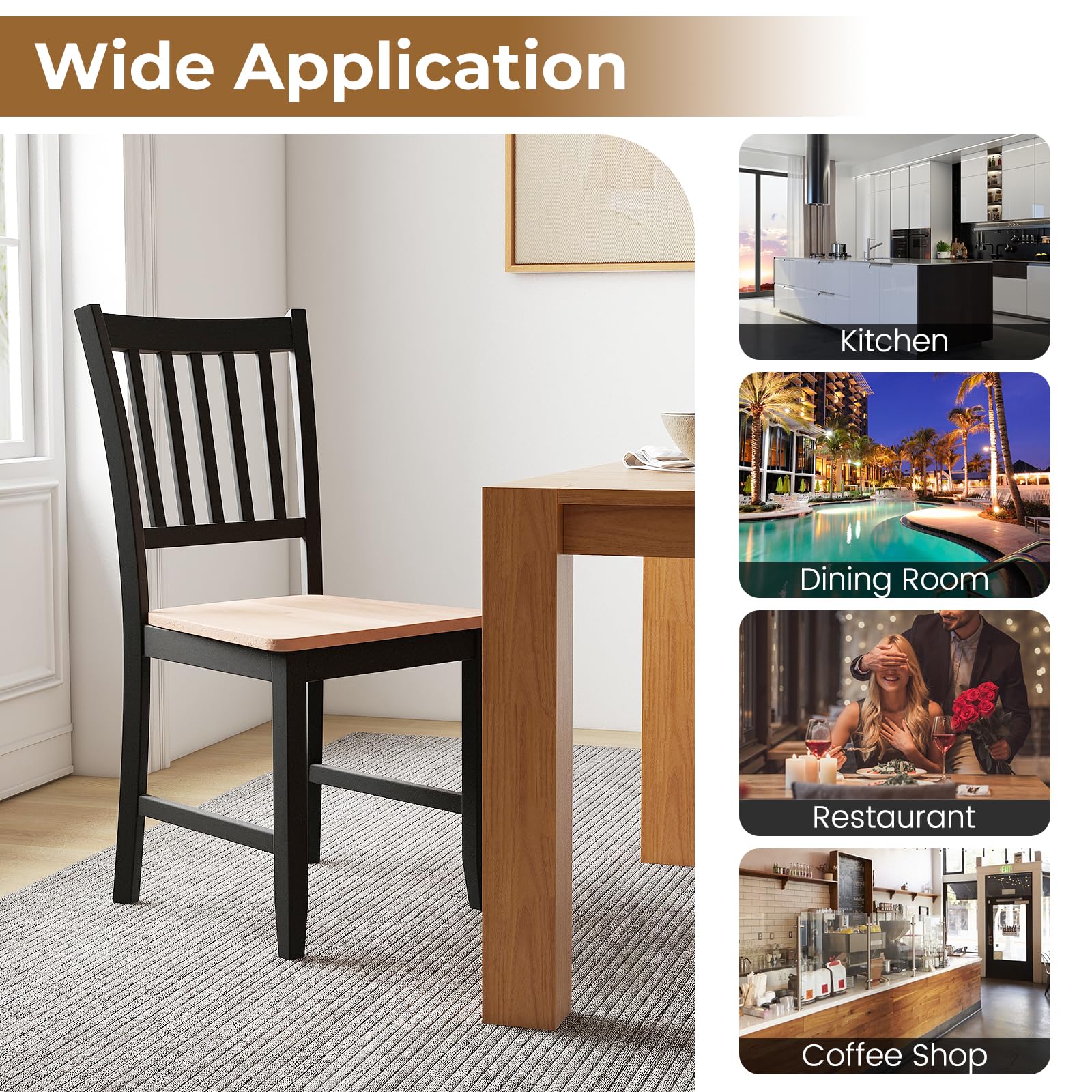 Wooden Dining Chairs Set of 4, Farmhouse Kitchen Chair with Rubber Wood Legs, Slat Back